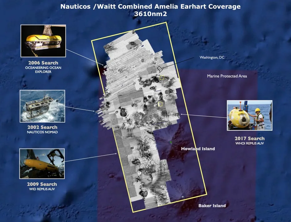 Map showing the search area covered for Amelia Earhart's plane by Nauticos and Waitt, with insets of the underwater vehicles used in different years.