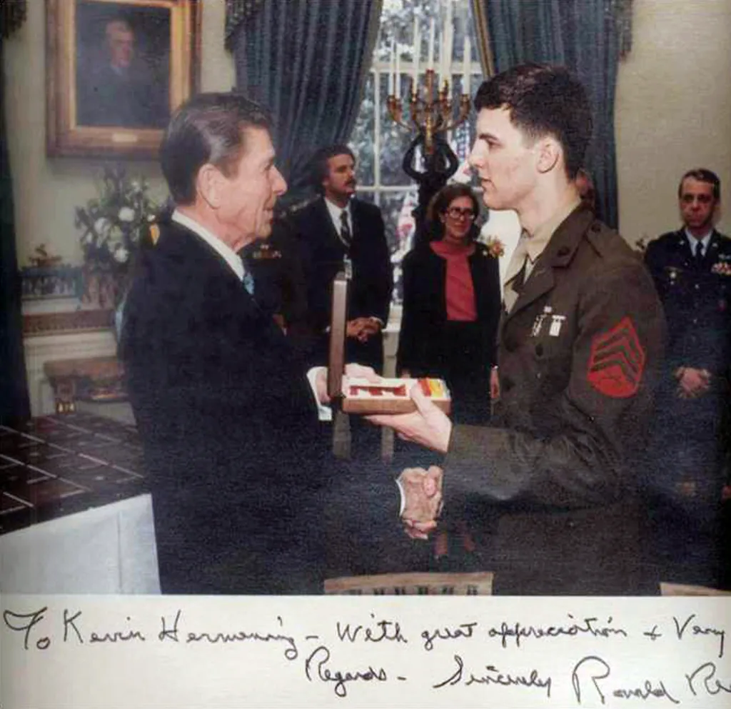 President Ronald Reagan greeting Kevin Hermening, who was held hostage in Iran for 444 days.
