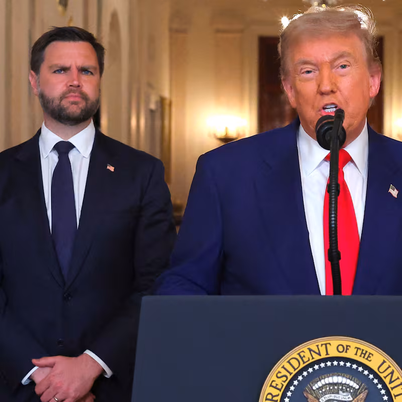 Trump flanked by Vice President JD Vance, Secretary of State Marco Rubio, and Defense Secretary Pete Hegseth in an address to the nation after Trump ordered strikes on nuclear facilities in Iran in June.