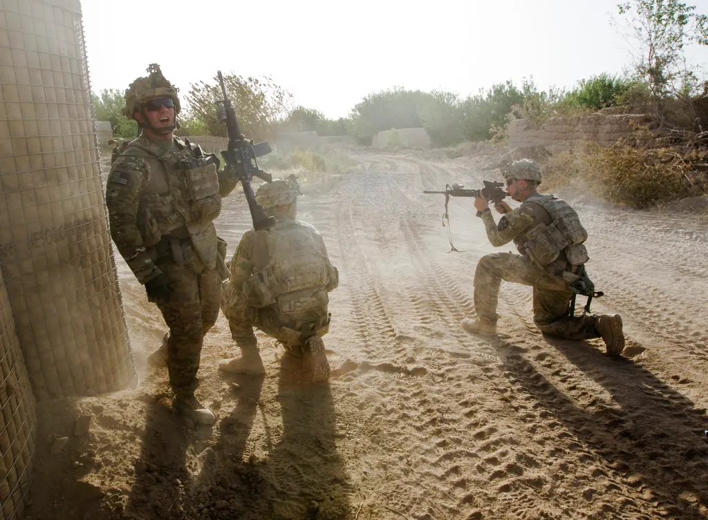 US Army soldiers firing at a Taliban position in Kandahar province.