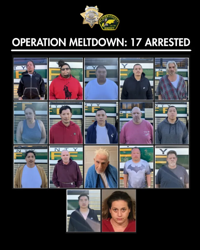 Collage of 17 mugshots of arrested individuals, including 14 men and 3 women.