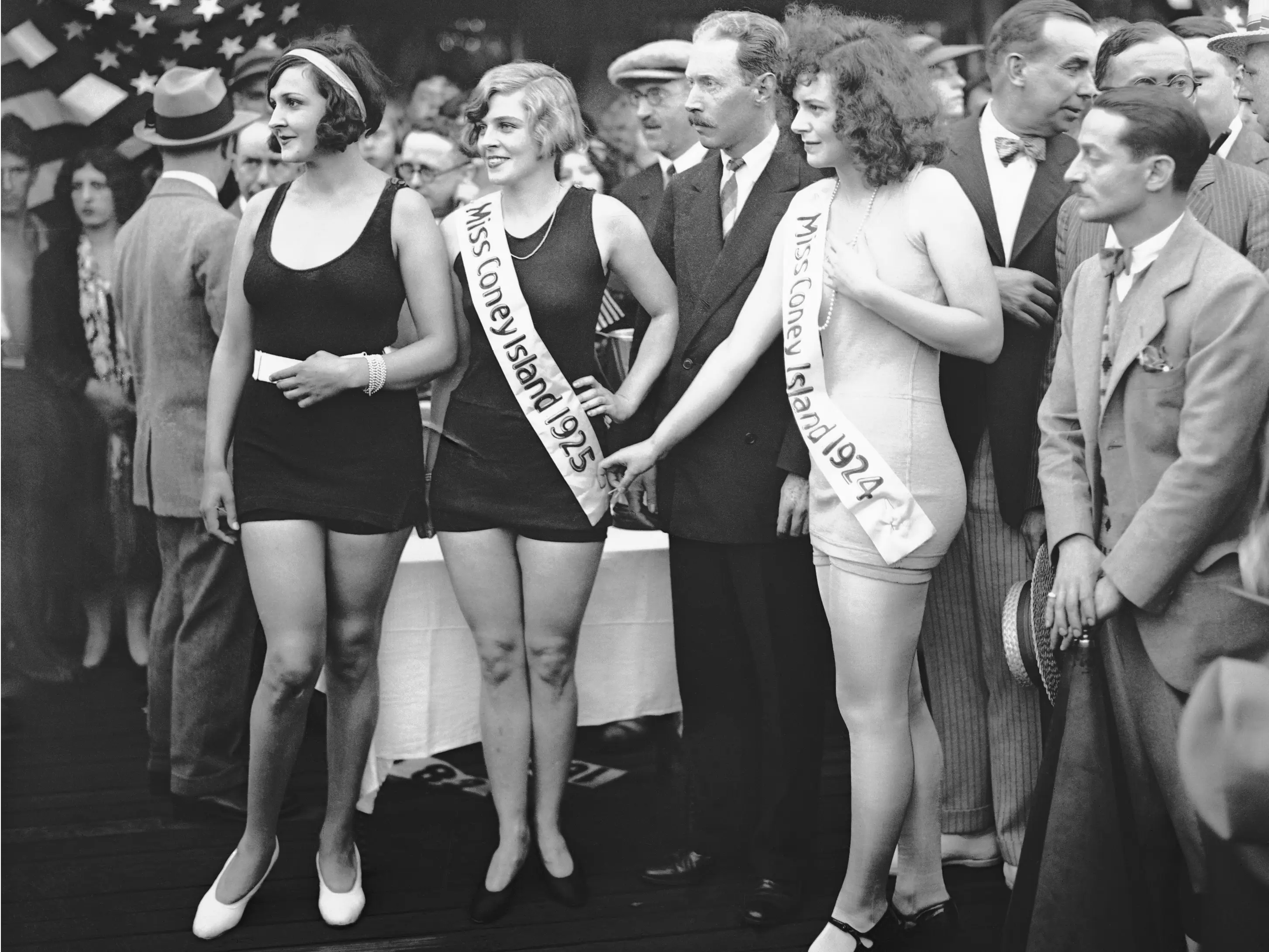 Marcella Miller, Kathryn Ray, and Agnes Leonard at a Miss Coney Island pageant in the 1920s. Ray wore a sash that read, 