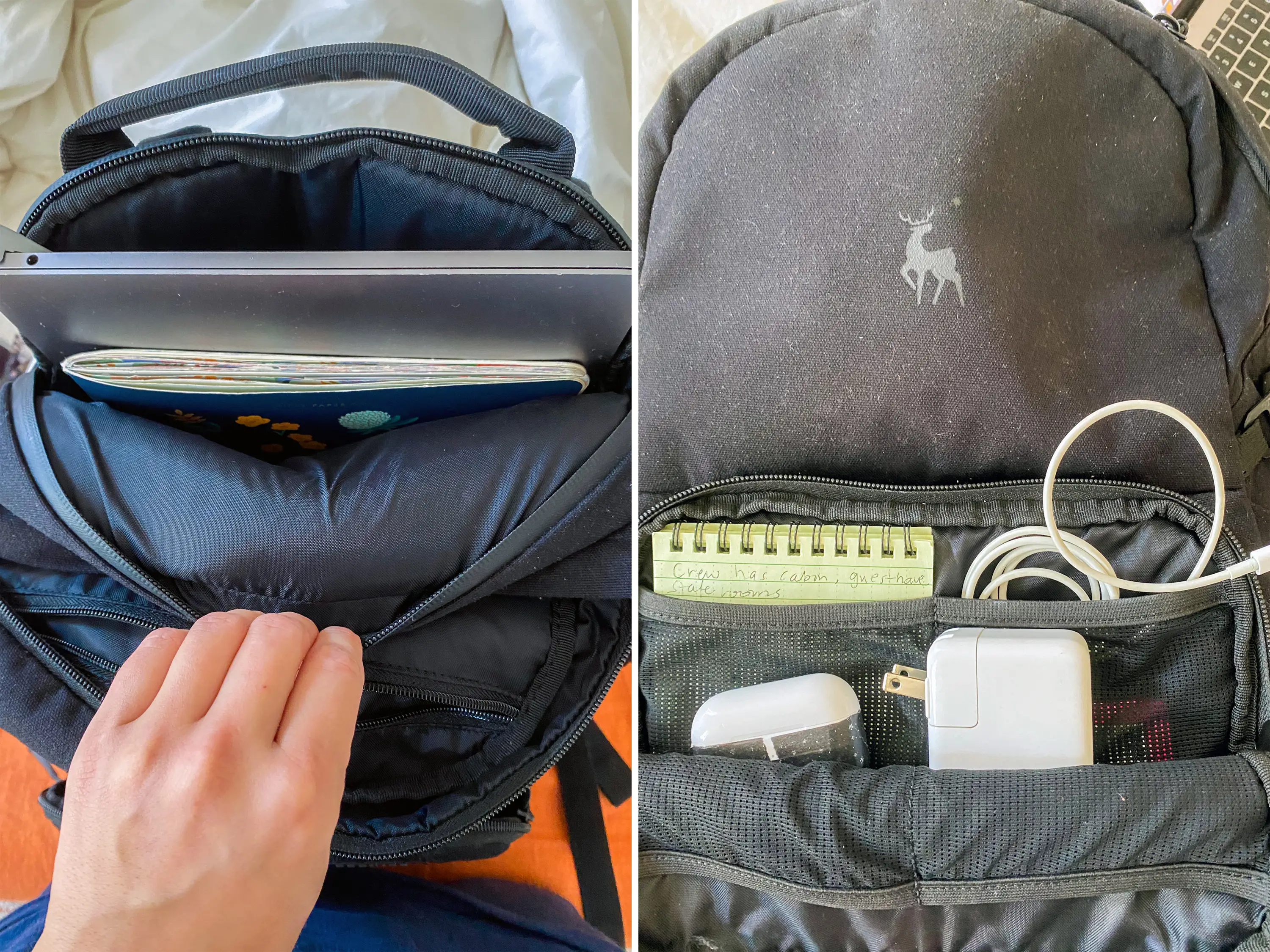 Side-by-side photos show what's inside a camera backpack, including a notebook and electronics