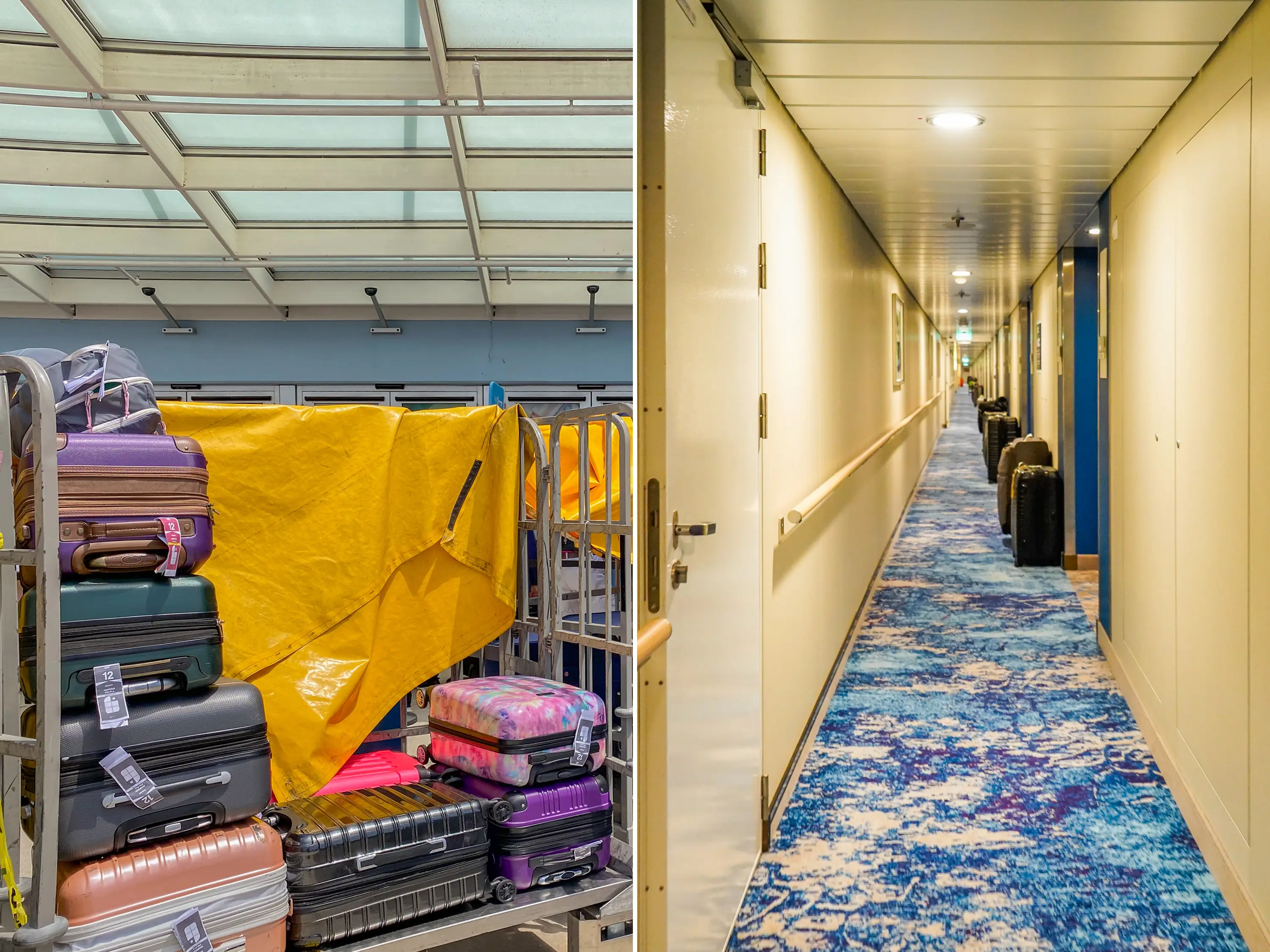 A composite image of checking a bag on a cruise