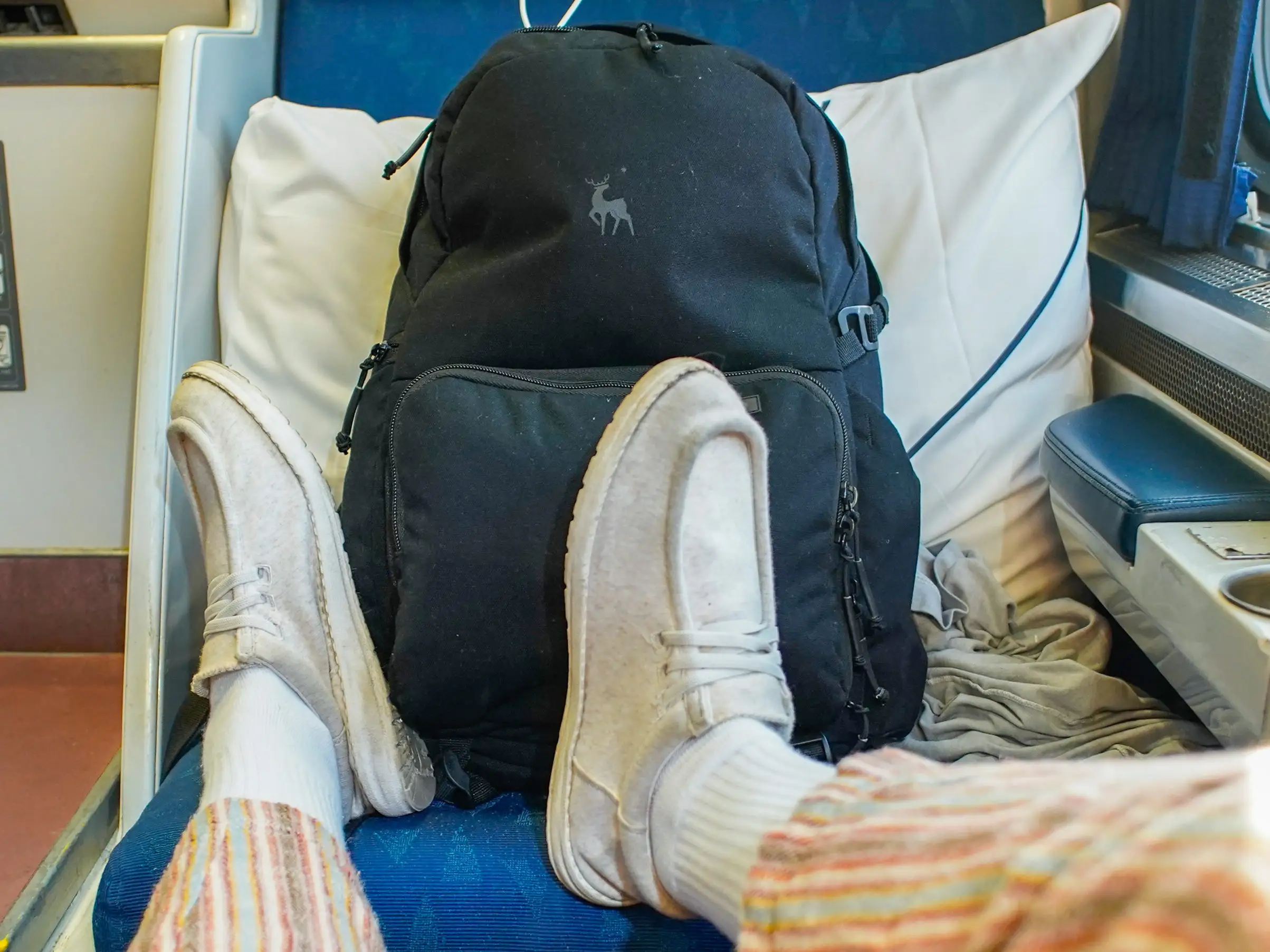The author's backpack by Brevite on a chair in an Amtrak Roomette