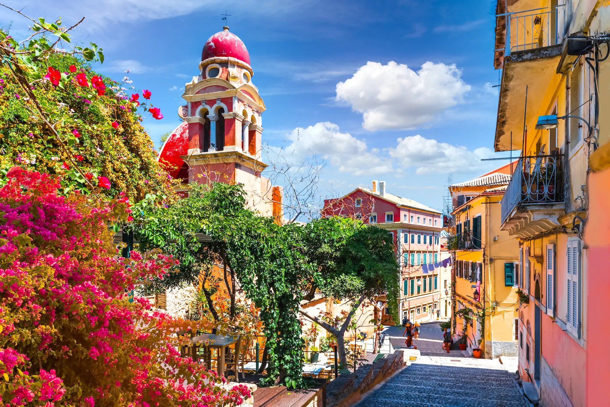 Colorful old buildings and flowers in an old town.