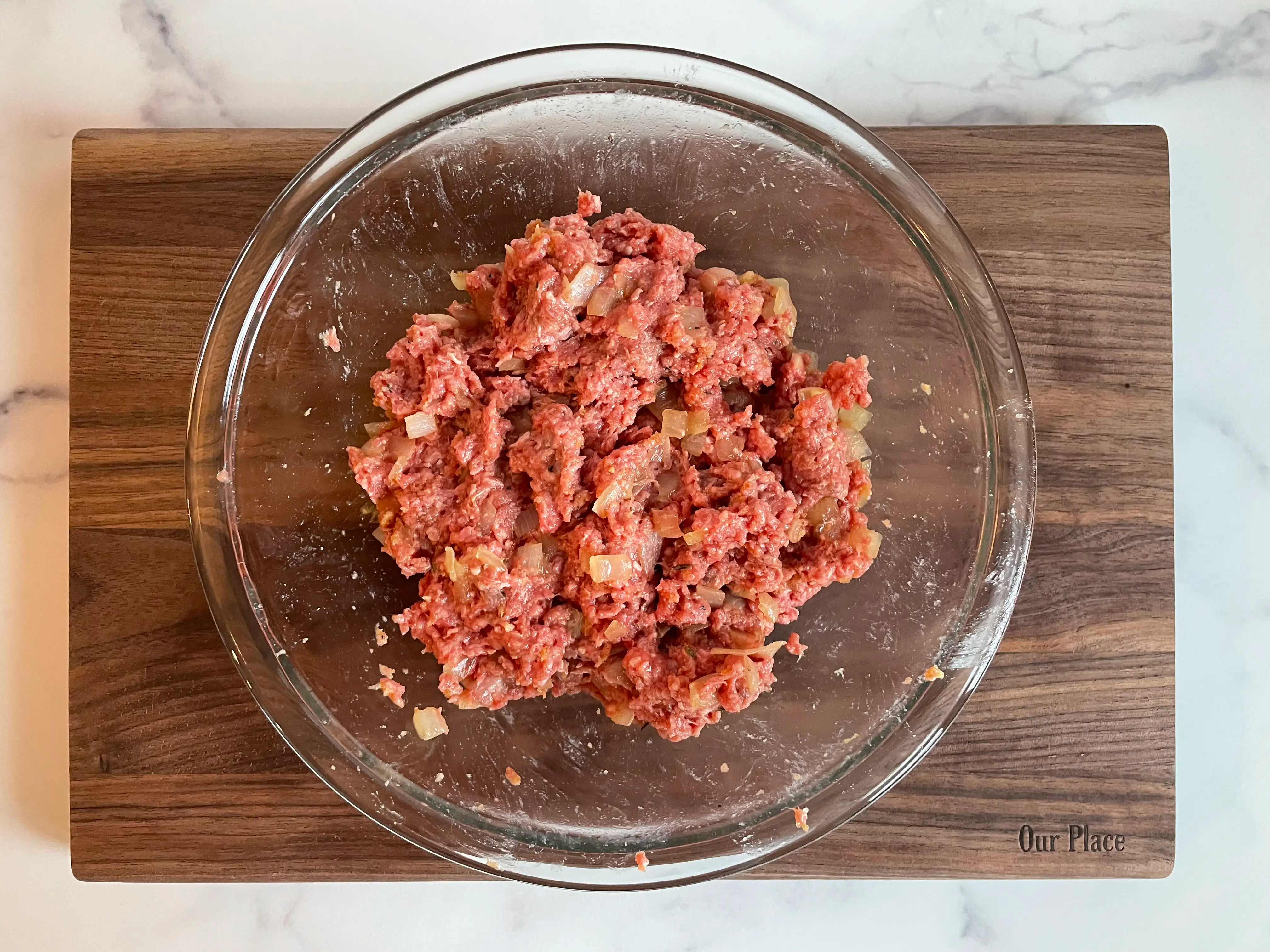 Ground meat in a bowl.