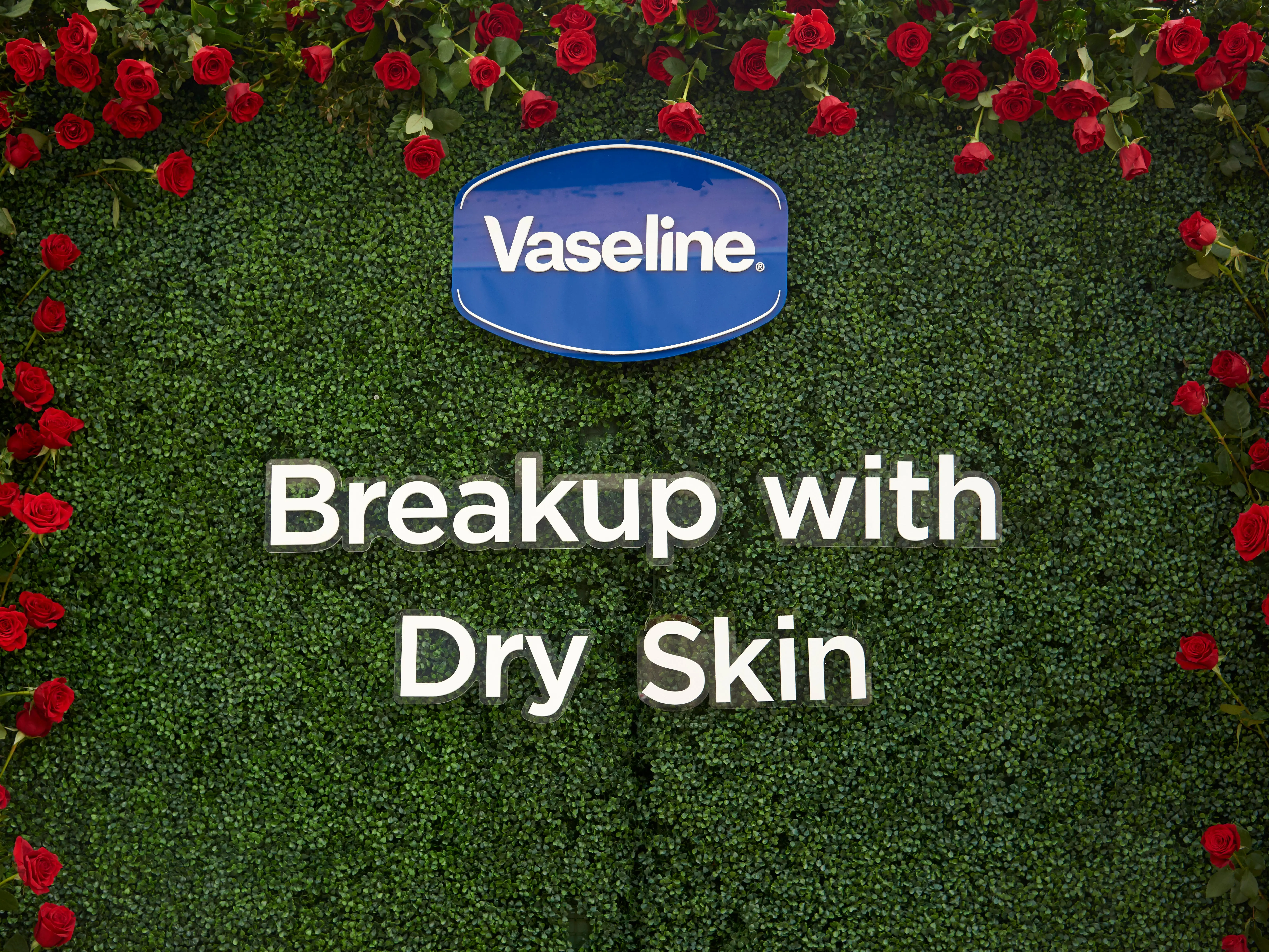 Vaseline event display with a backdrop of greenery outlined by roses, with the Vaseline logo in the top middle and