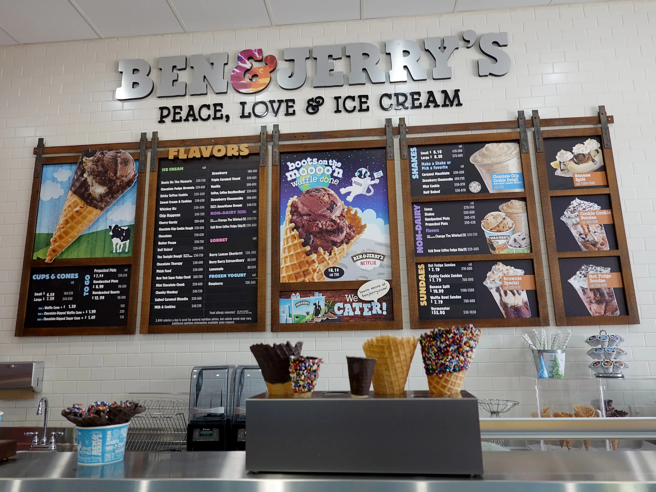 Menu inside Ben & Jerry's ice cream shop.