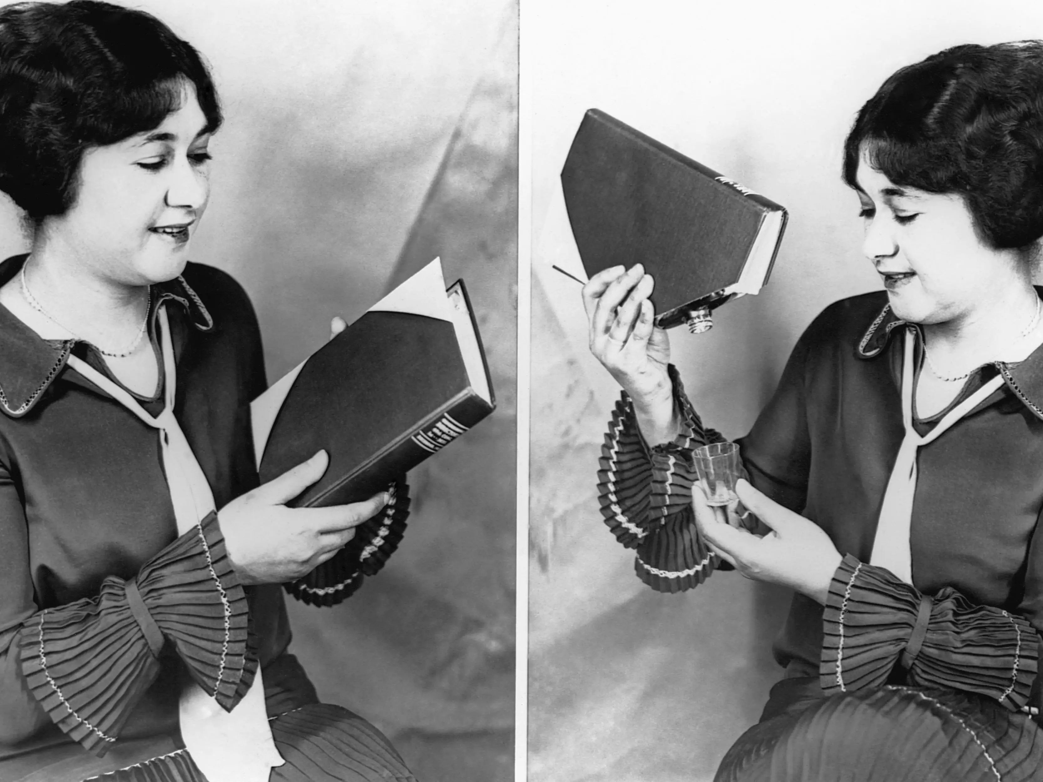 A split image of a woman with a Prohibition era book showing how it hides a liquor flask.