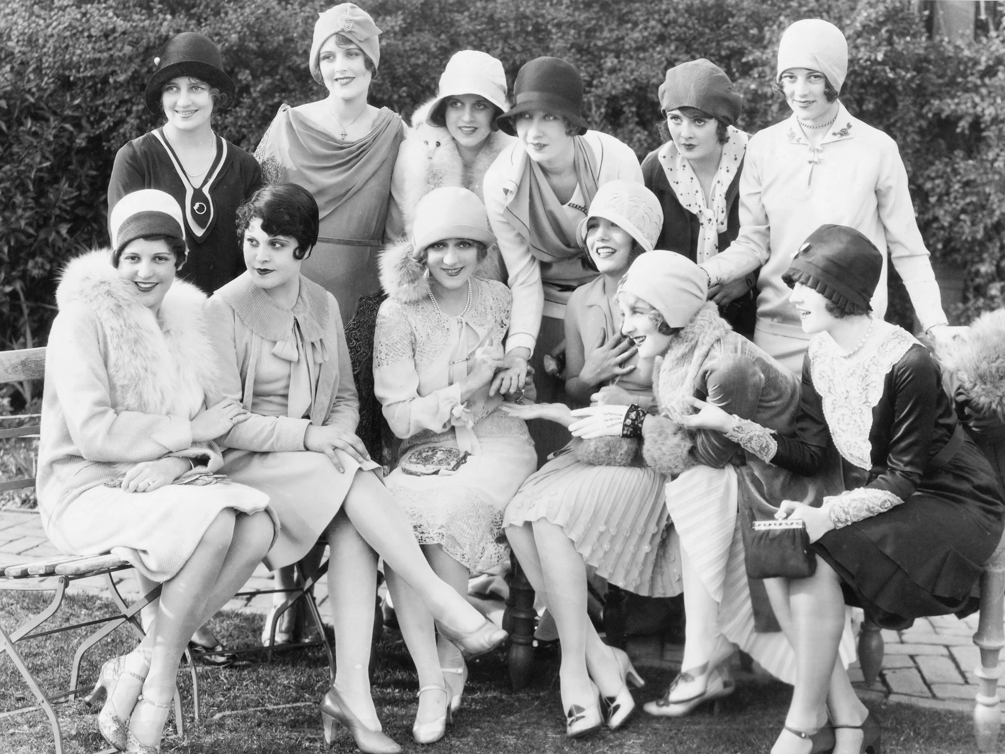 Mary Pickford (front center) and other Warner Brothers' actresses posed for a photo at her tea party in 1928.