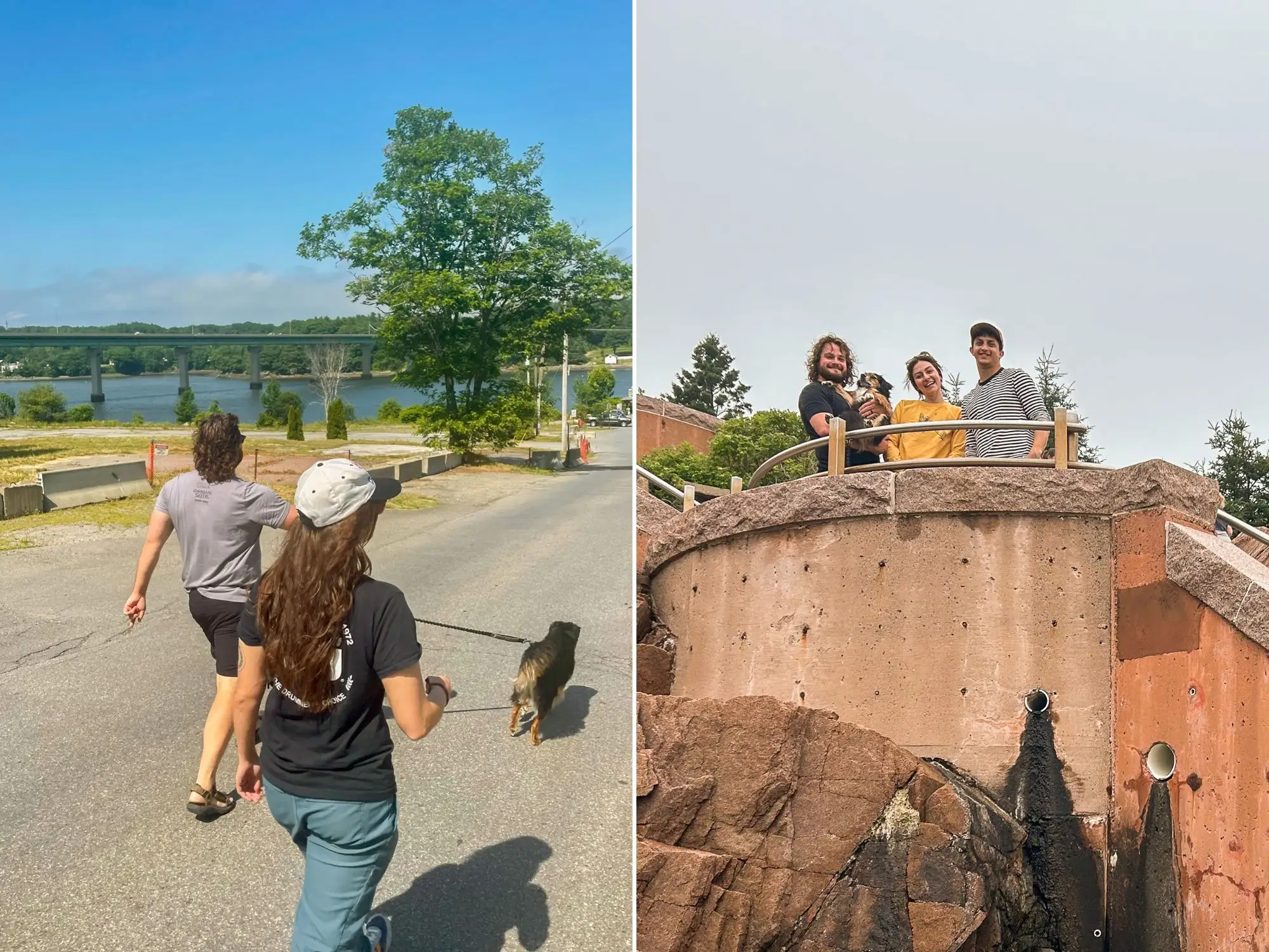 Left image: A man and a woman walk with a dog on a street with a bridge over a bay in the background. Right: Three friends and a dog stand on a rocky staircase with overcast skies