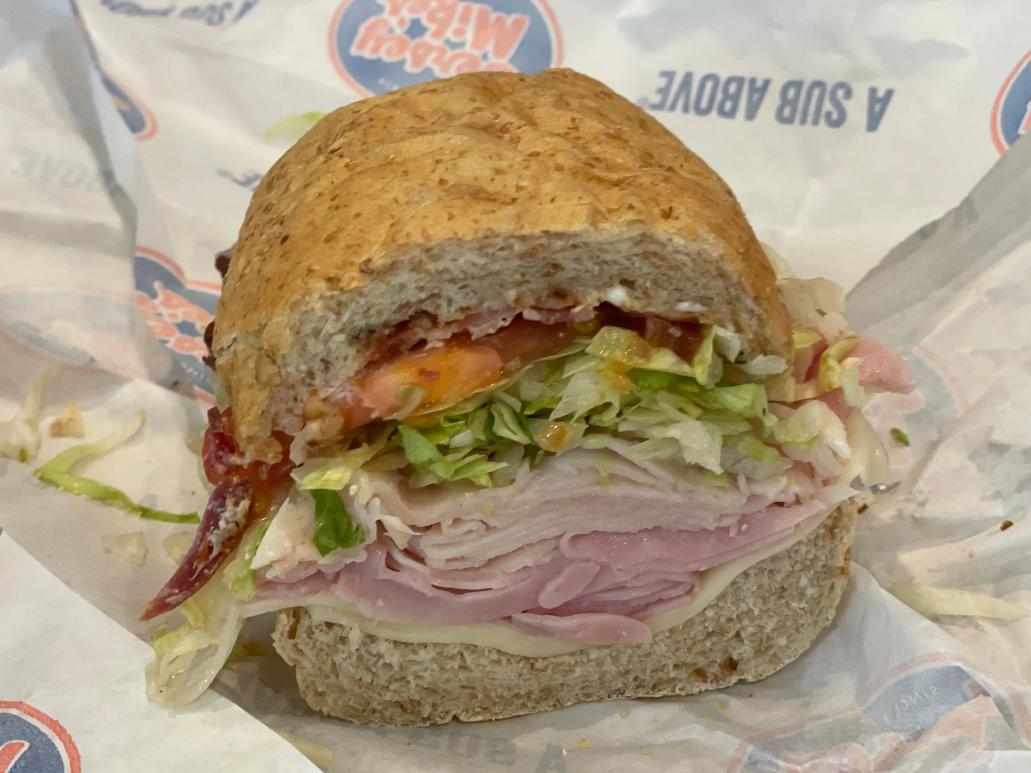 A cross section of a Jersey Mike's club sandwich.