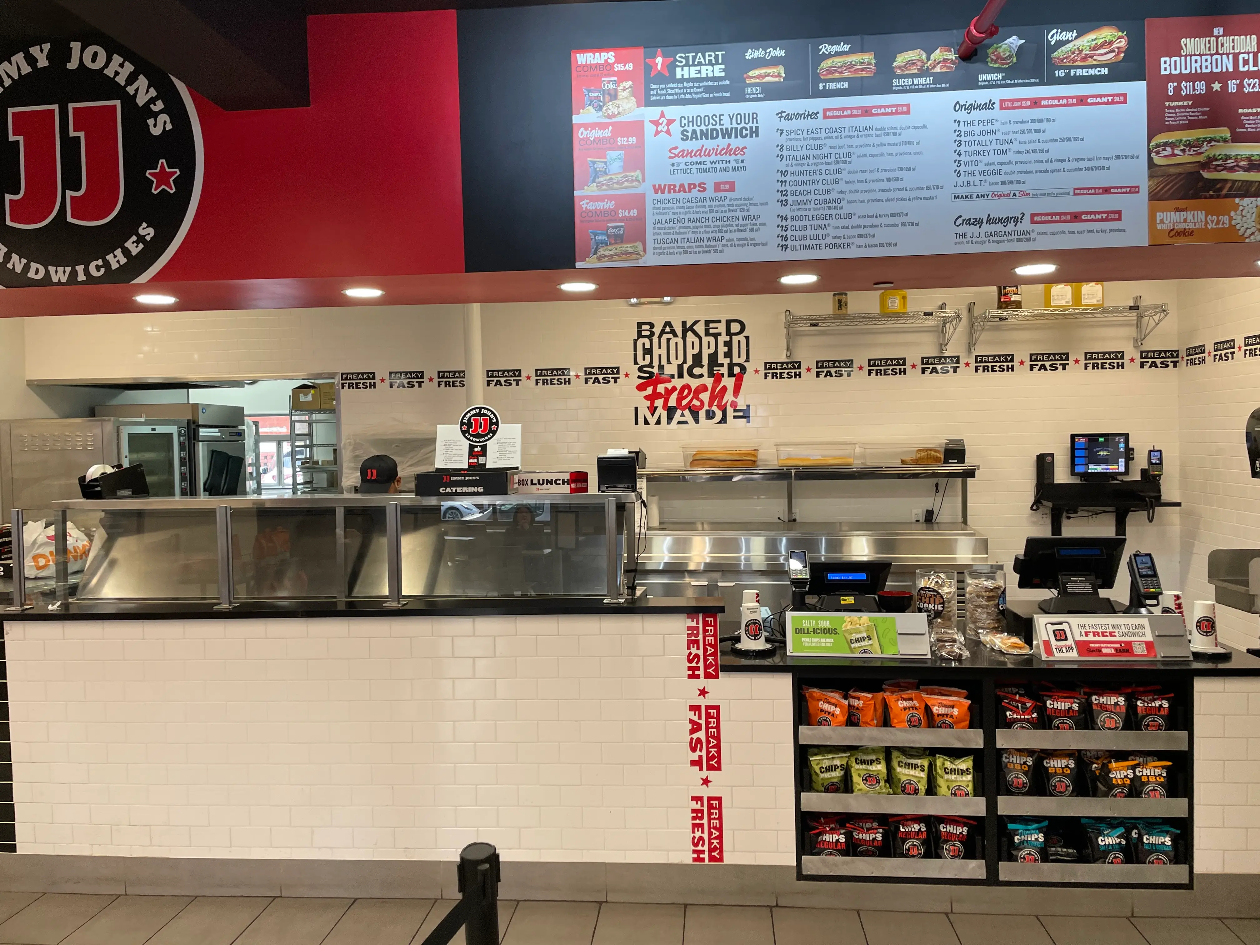 The counter at a Jimmy John's sandwich shop.