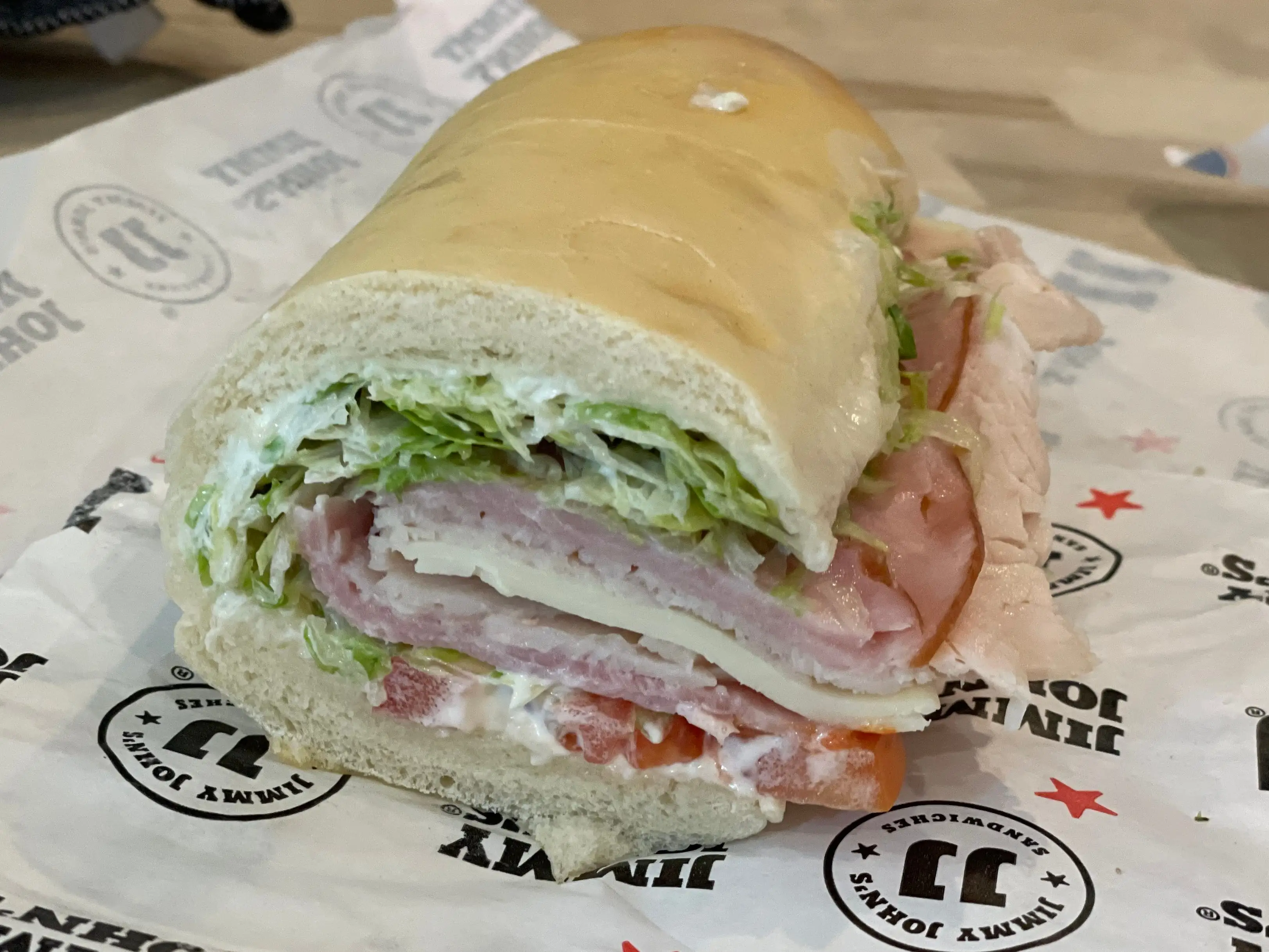 A cross section of a club sandwich from Jimmy John's