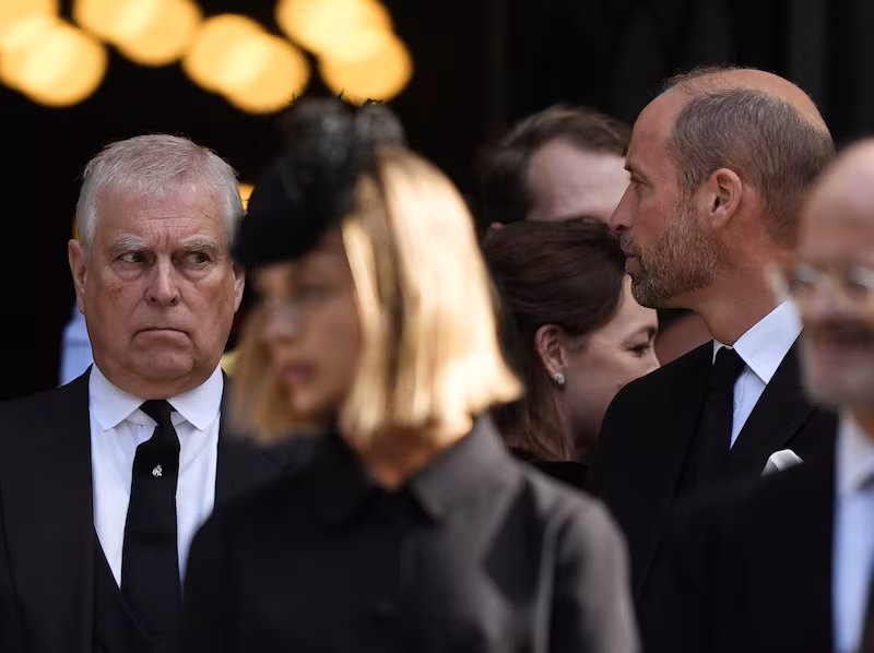 Prince Andrew, Duke of York and Prince William, Prince of Wales at the funeral for  the Duchess of Kent