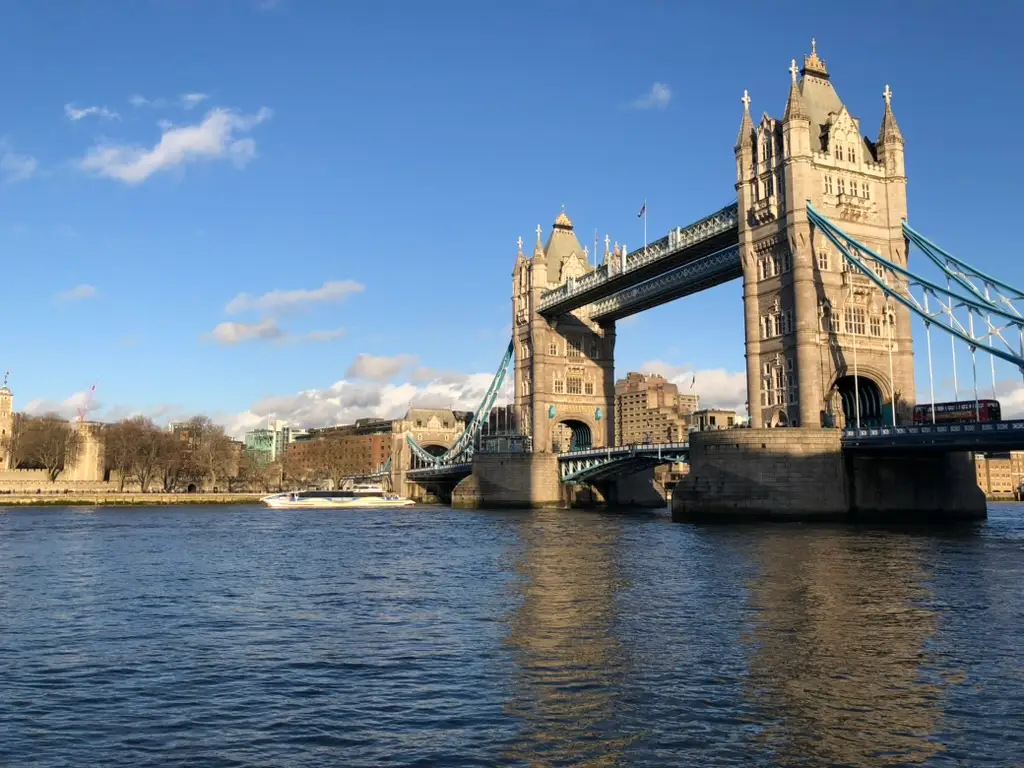 Tower Bridge in London on a cloudy day.