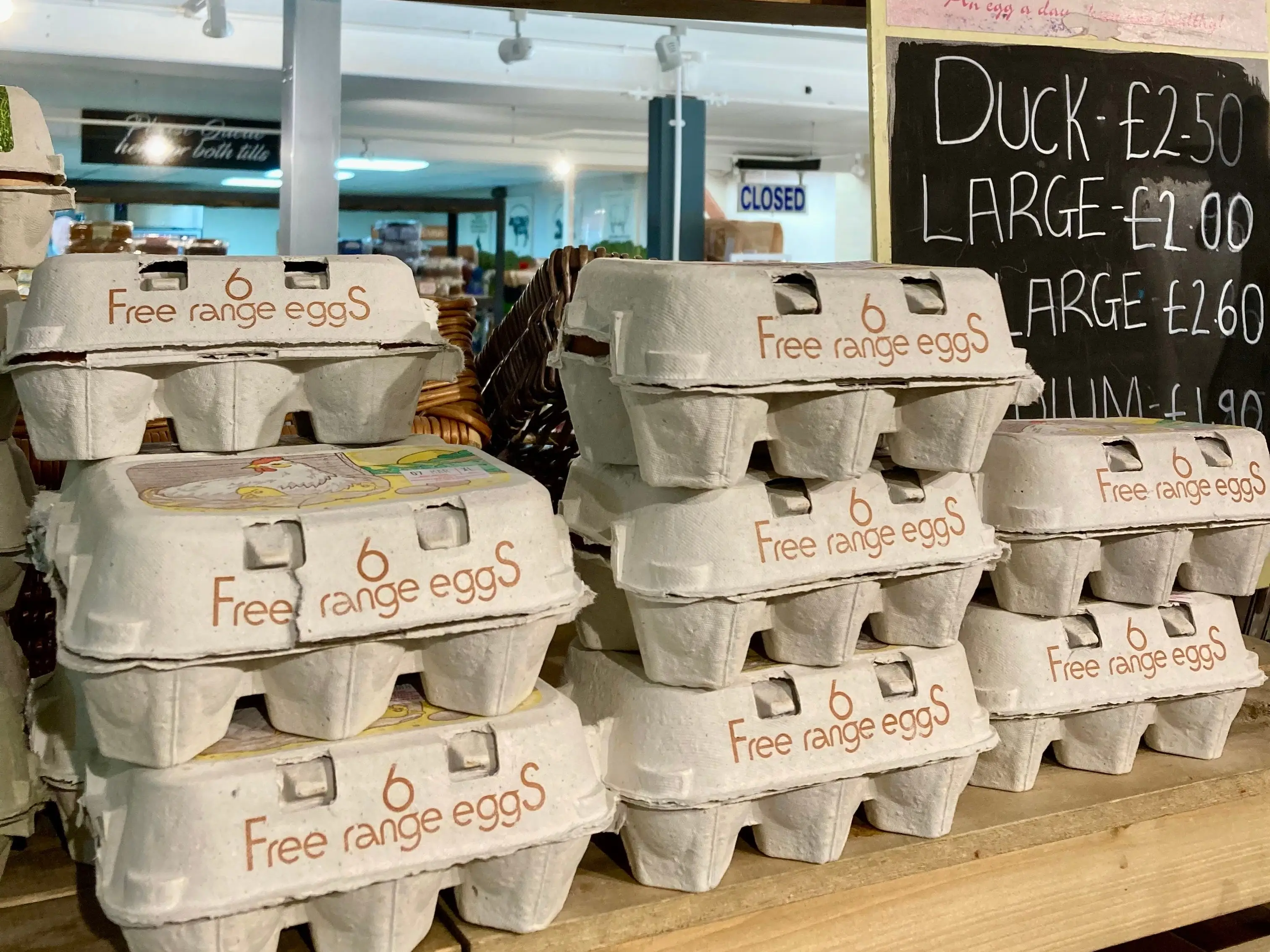 Non-refrigerated eggs on display for sale in a store in England.