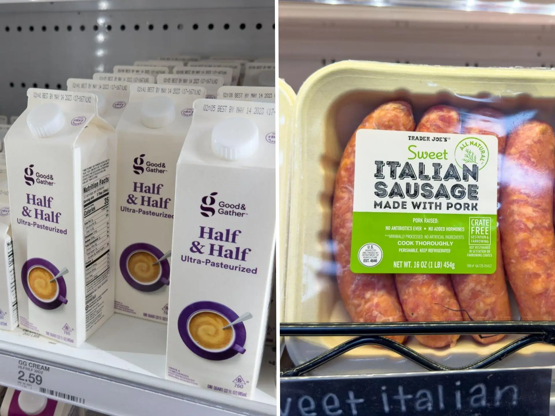 Split Image: Cartons of half-and-half at Target and a packge of sweet Italian sausage at Trader Joe's.
