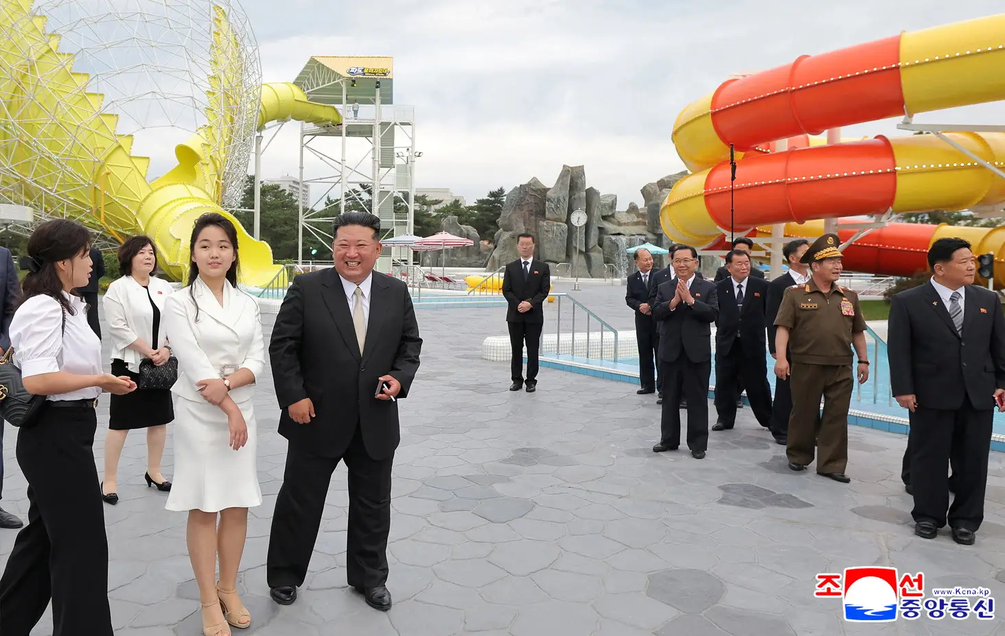 North Korean leader Kim Jong Un and his daughter Kim Ju Ae visit a water park area during a ceremony to celebrate the completion of the Wonsan Kalma Coastal Tourist Zone, in Wonsan, North Korea, June 24, 2025.