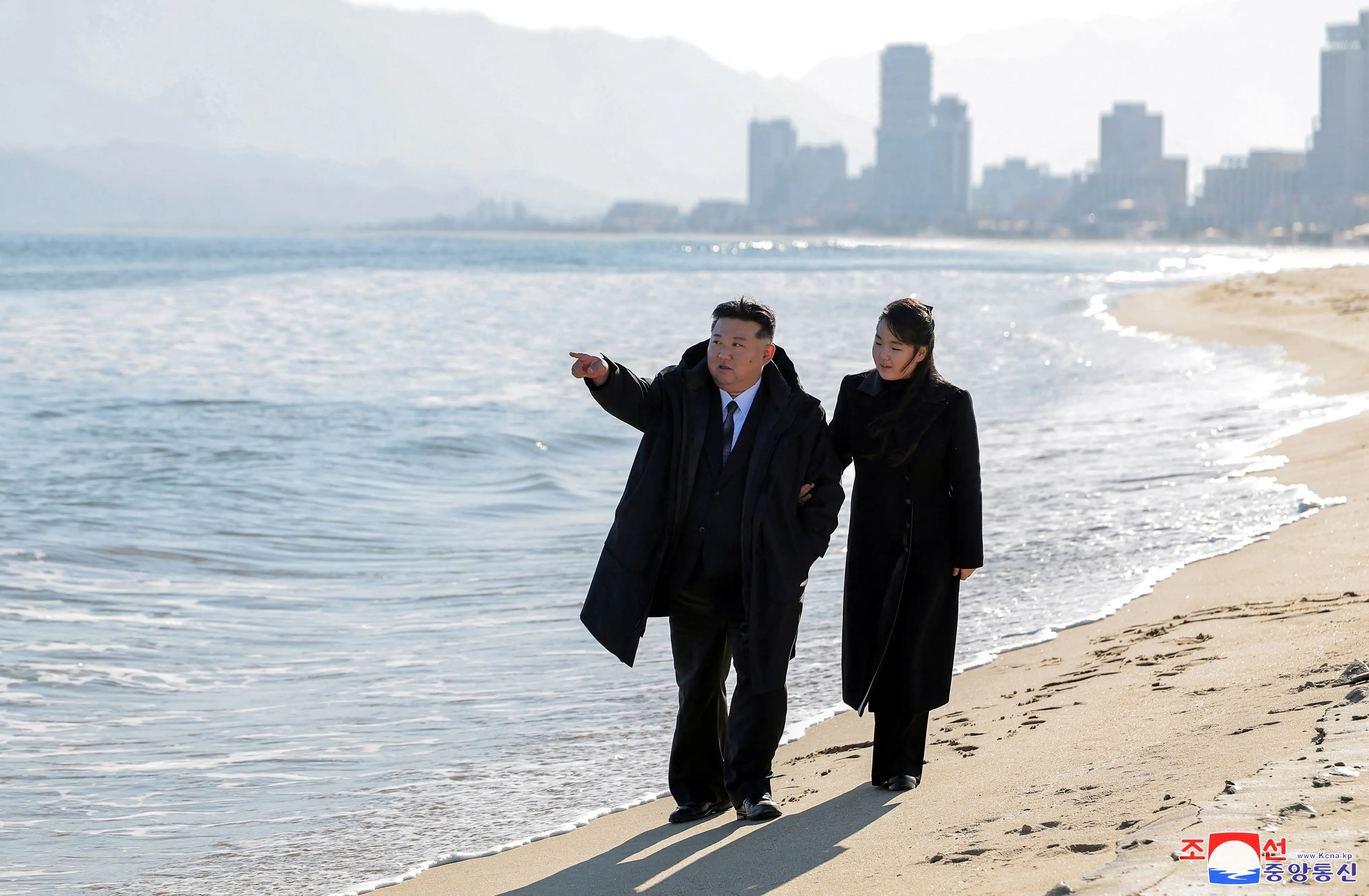 North Korean leader Kim Jong Un and his daughter Kim Ju Ae visit the newly built Kalma coastal tourist area in Wonsan, North Korea, December 29, 2024, in this photo released by North Korea's official Korean Central News Agency.