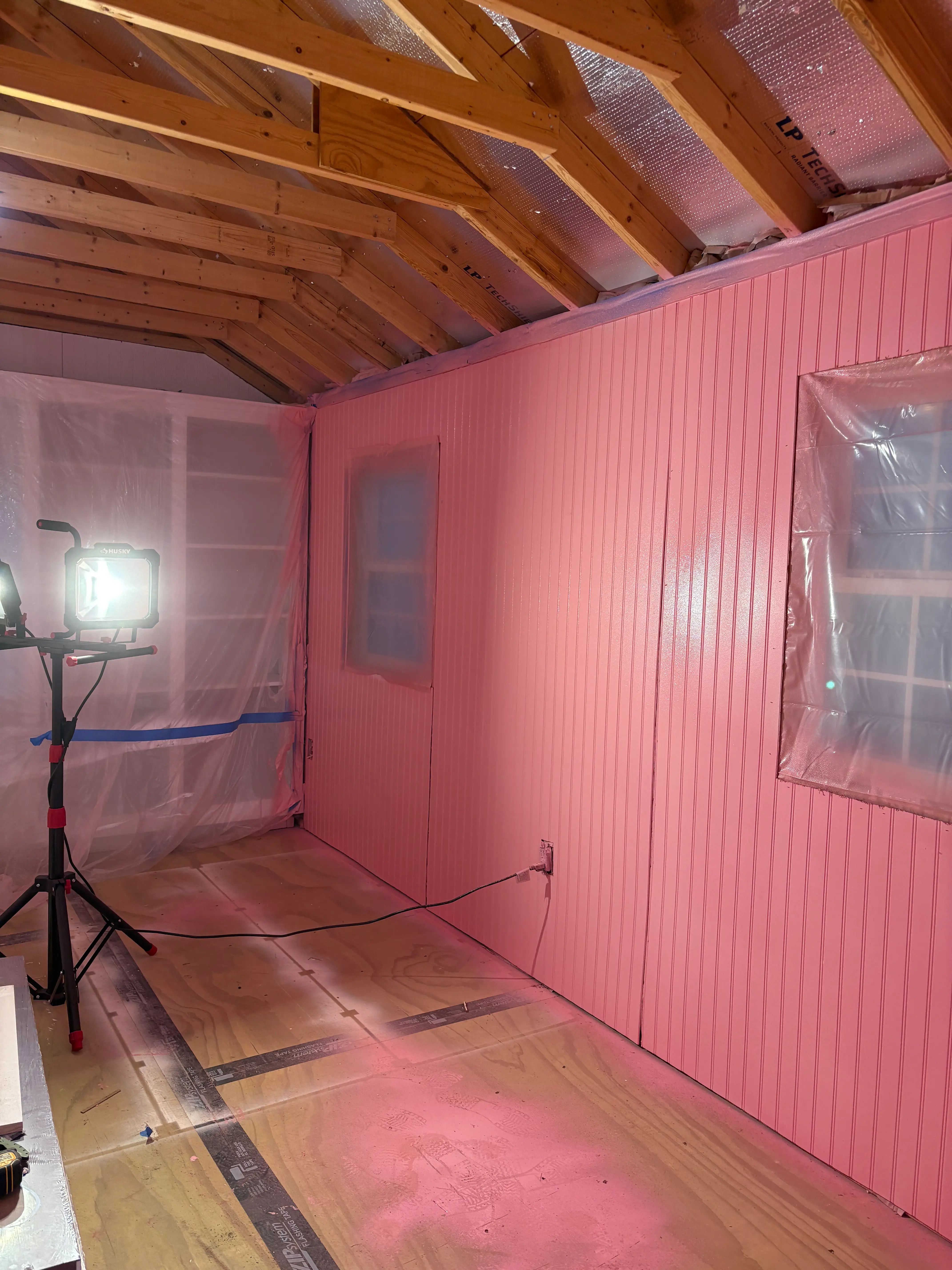 Inside Jess Ciesla's shed as it was being painted pink.