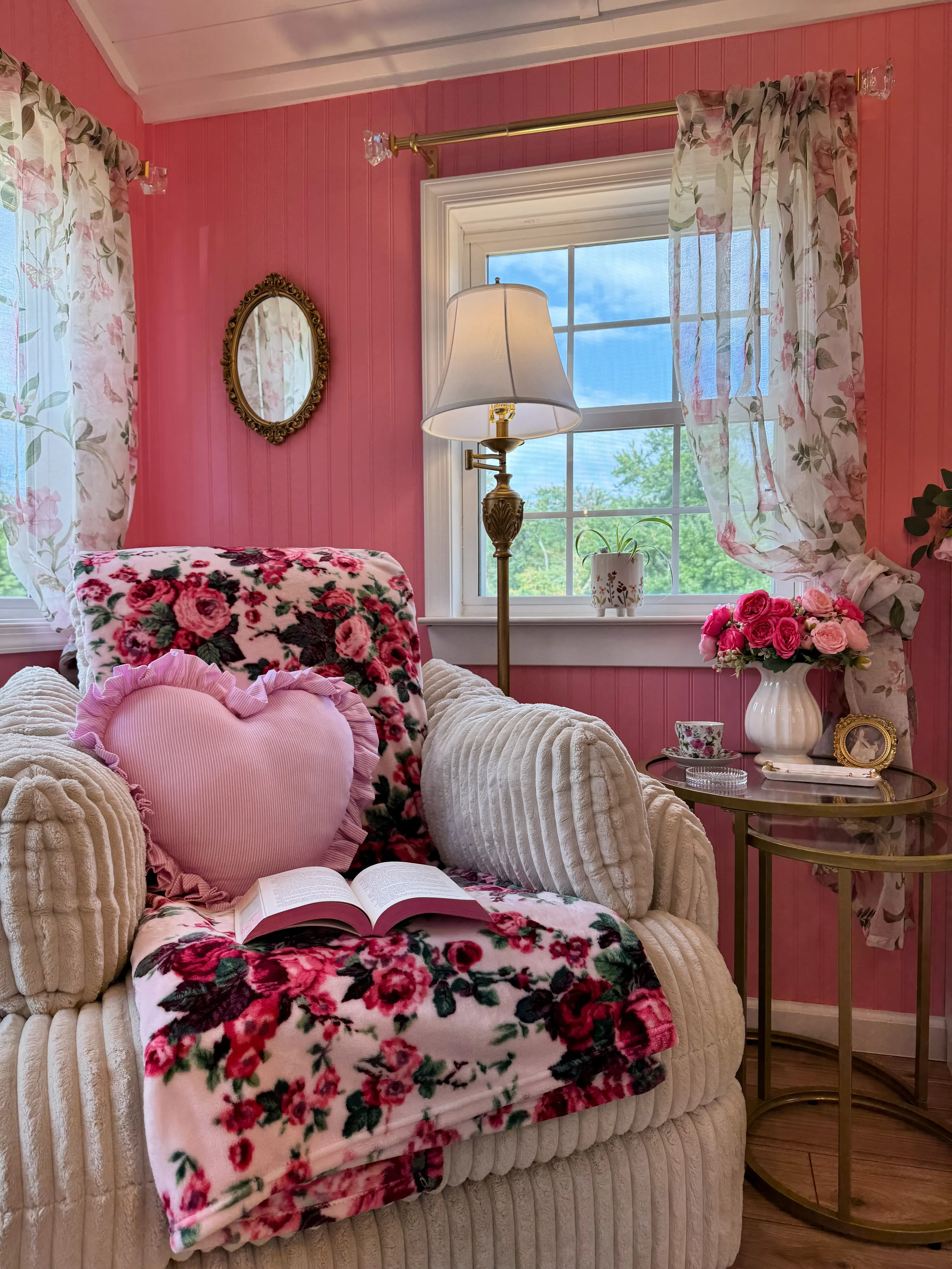 A fluffy chair inside Jess Ciesla's library shed.