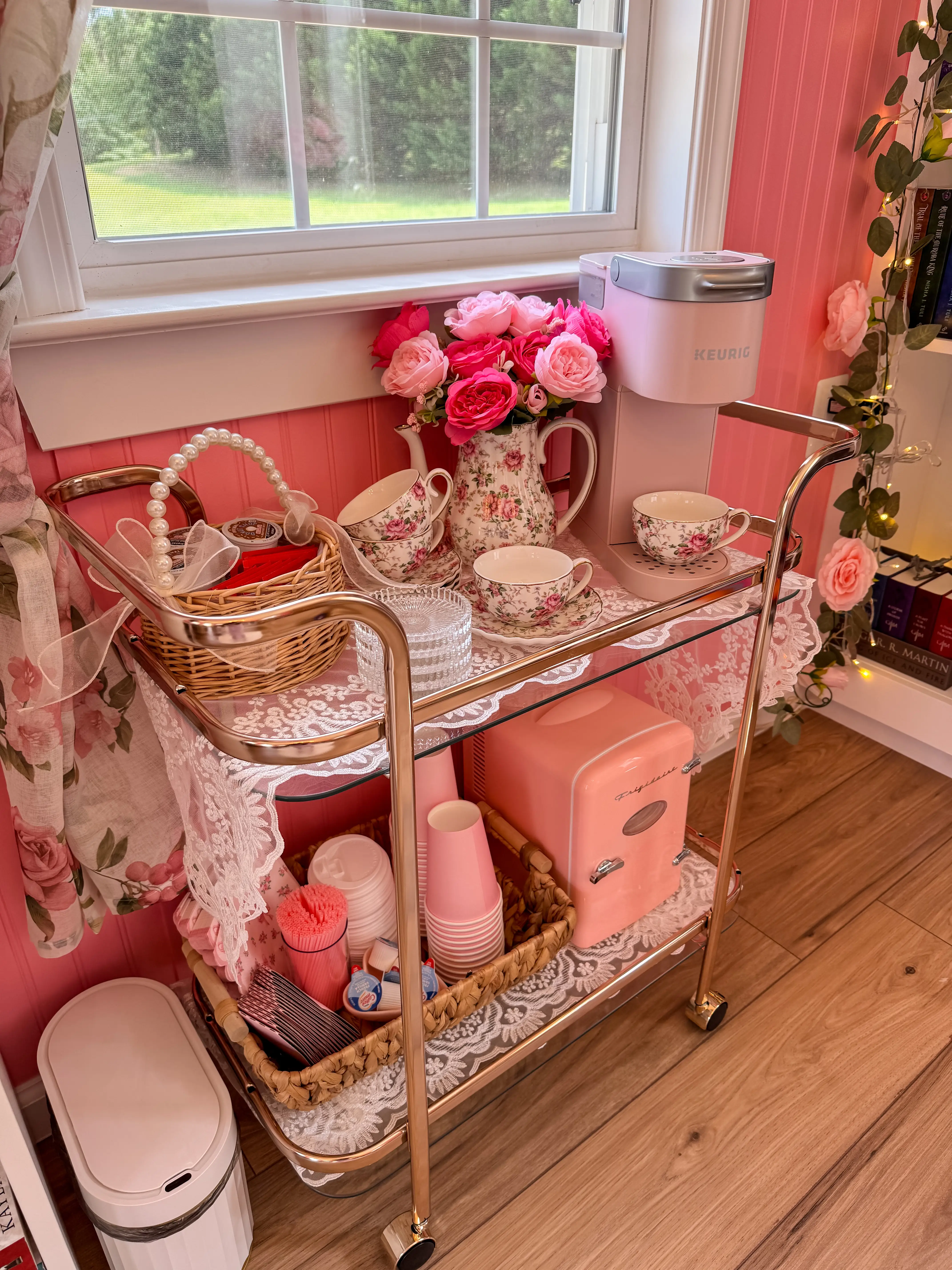 A coffee cart inside Jess Ciesla's library shed.