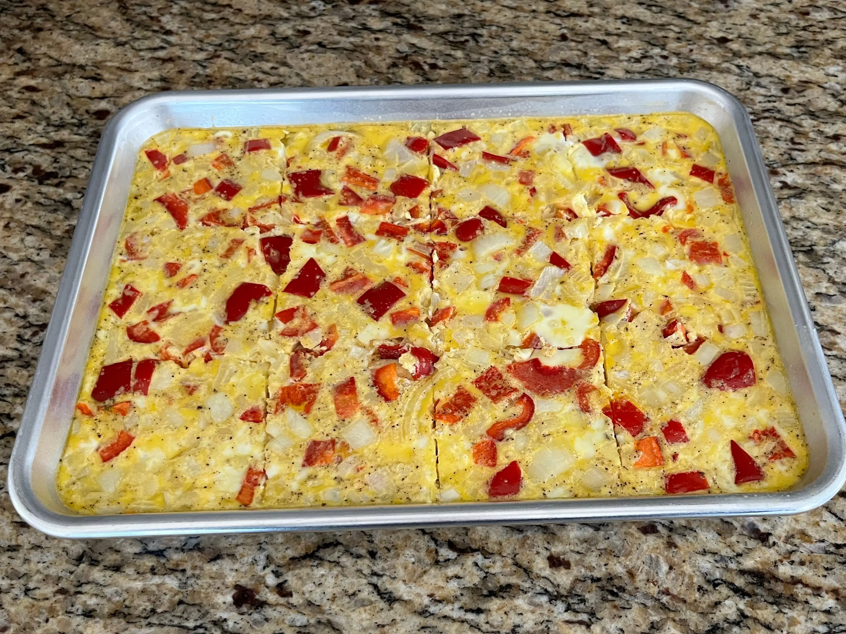 sheetpan eggs cut into squares
