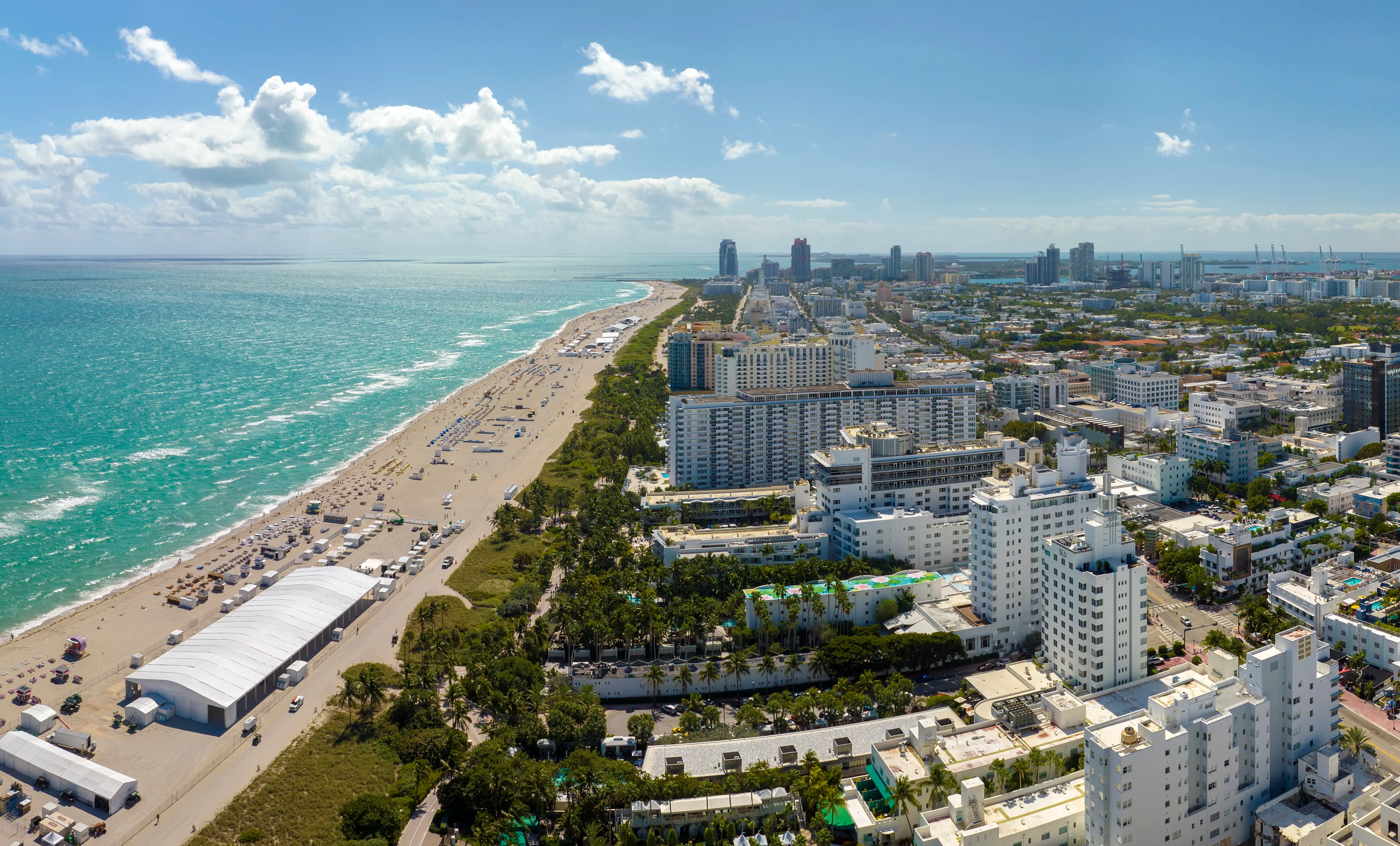 Miami Beach's shoreline with buildings.