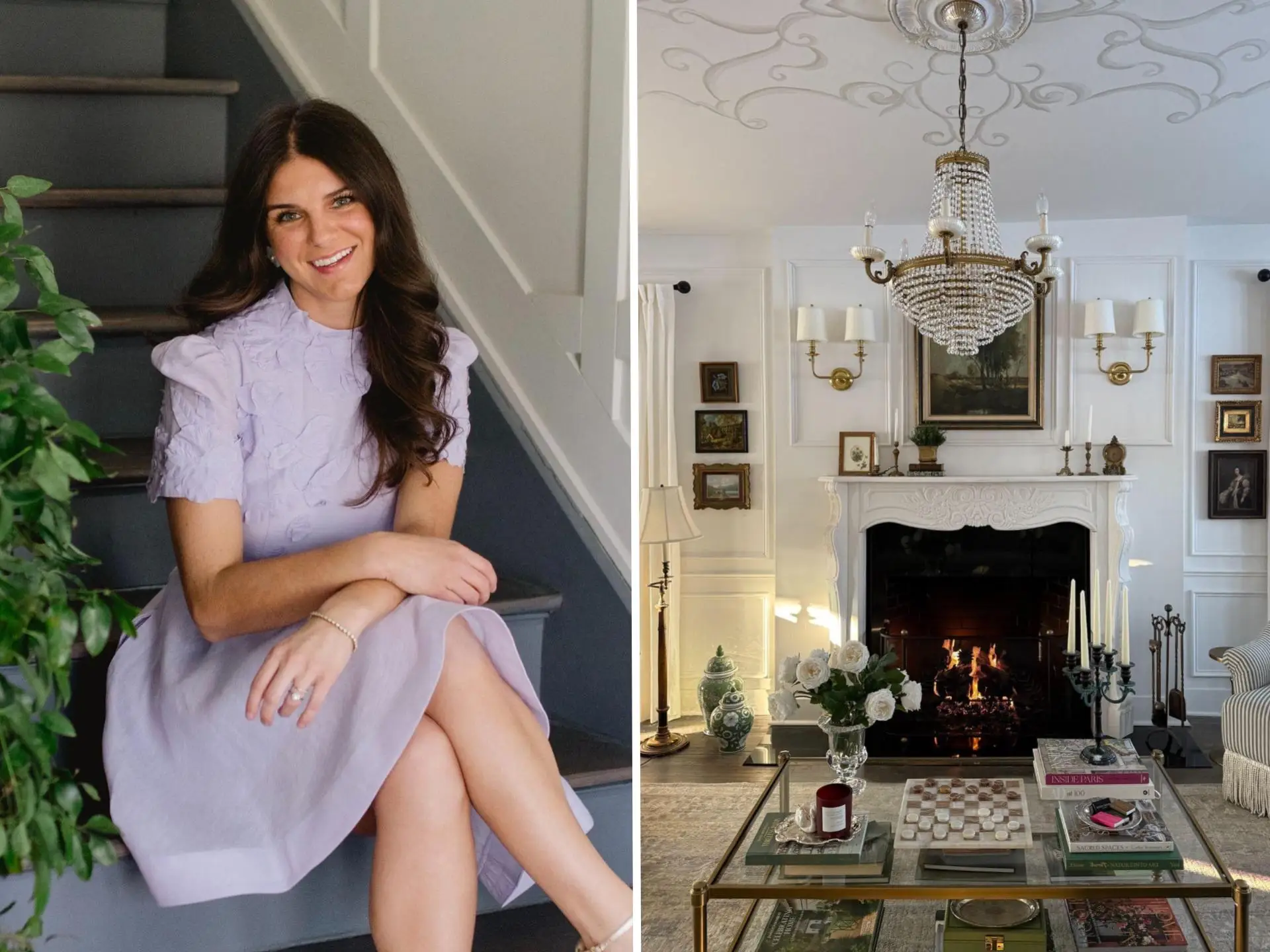 A side-by-side of a woman sitting on a staircase and a living room with a white fireplace and ornate decorations.
