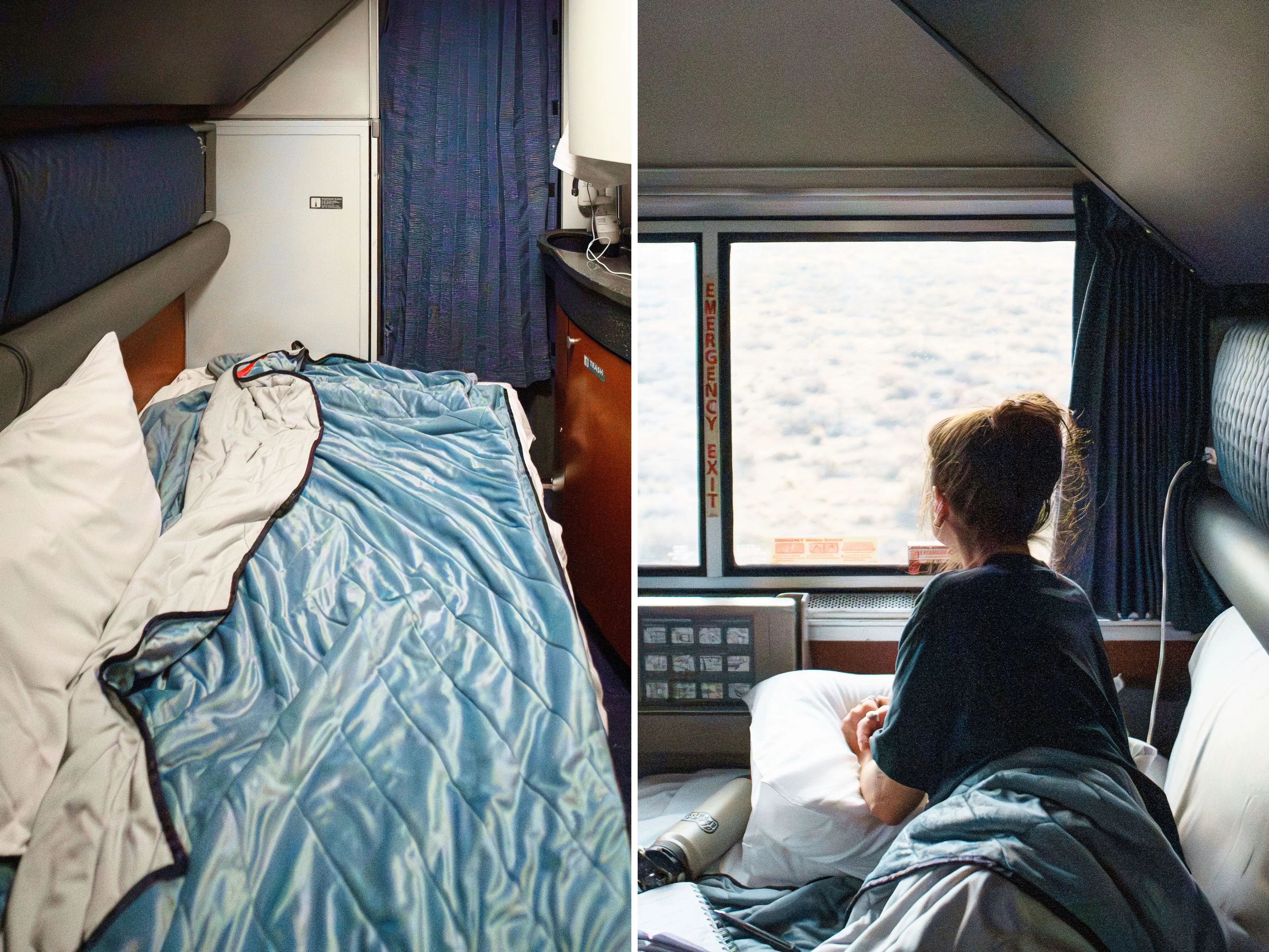 A composite image of the bottom bunk in the Amtrak bedroom with sheets and a blue blanket on top, and the author lying in bed looking out the window