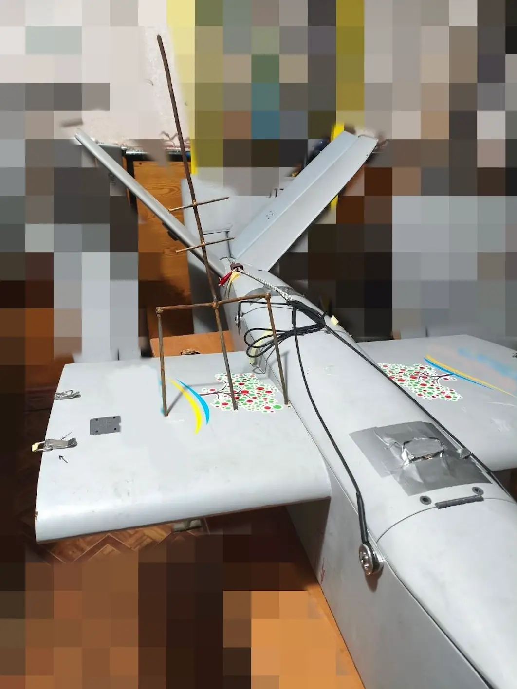 A trident impaled in a Ukrainian drone.