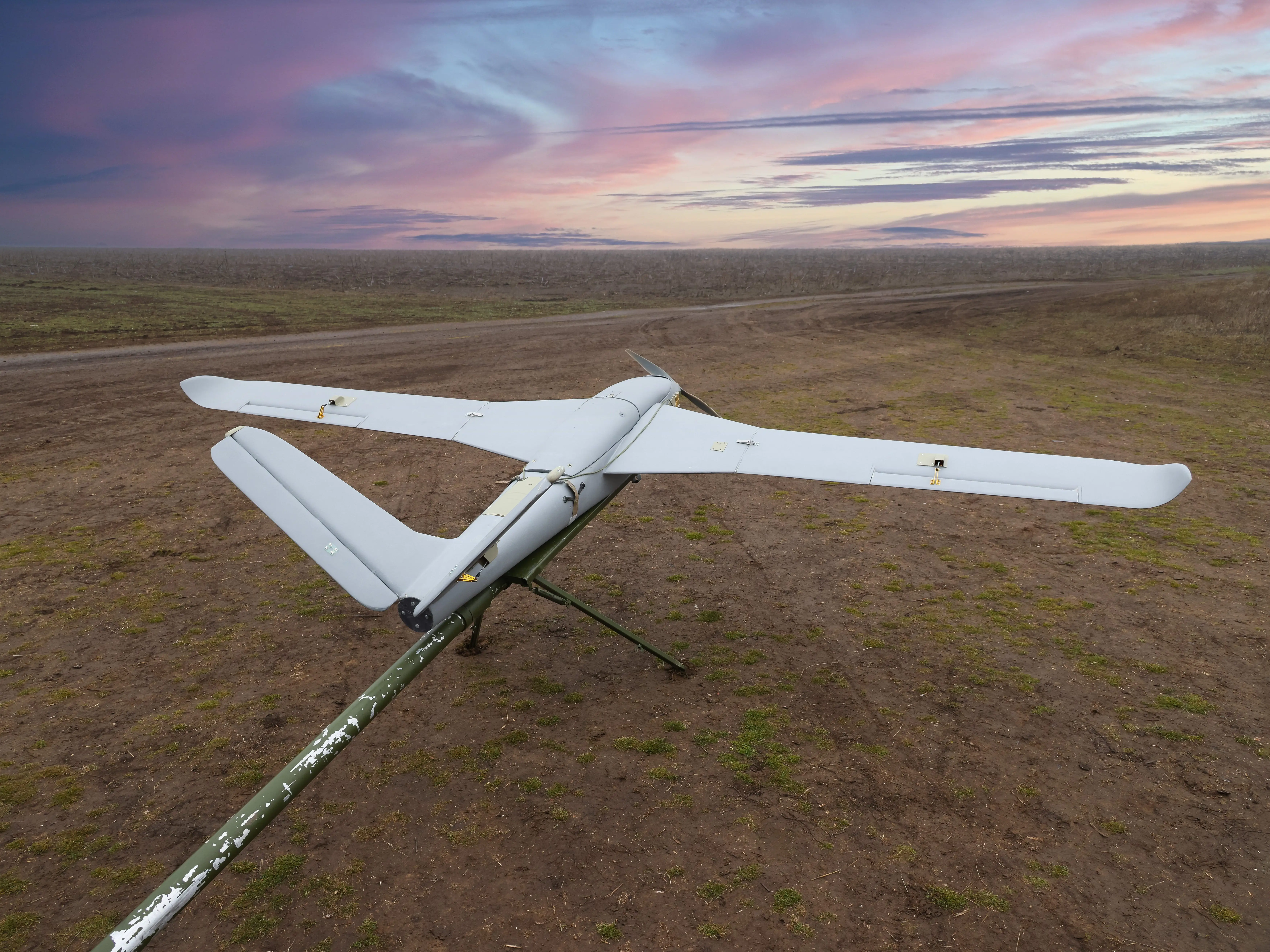 The Backfire fixed-wing heavy bomber drone is seen on display.