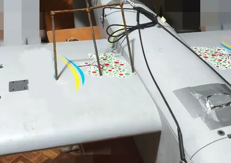 A Ukrainian bomber drone went out for a strike mission. It returned impaled by a crude trident, photos show.