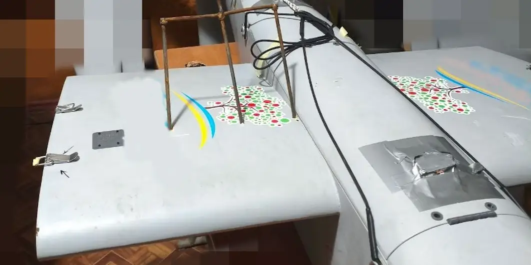 A Ukrainian bomber drone went out for a strike mission. It returned impaled by a crude trident, photos show.