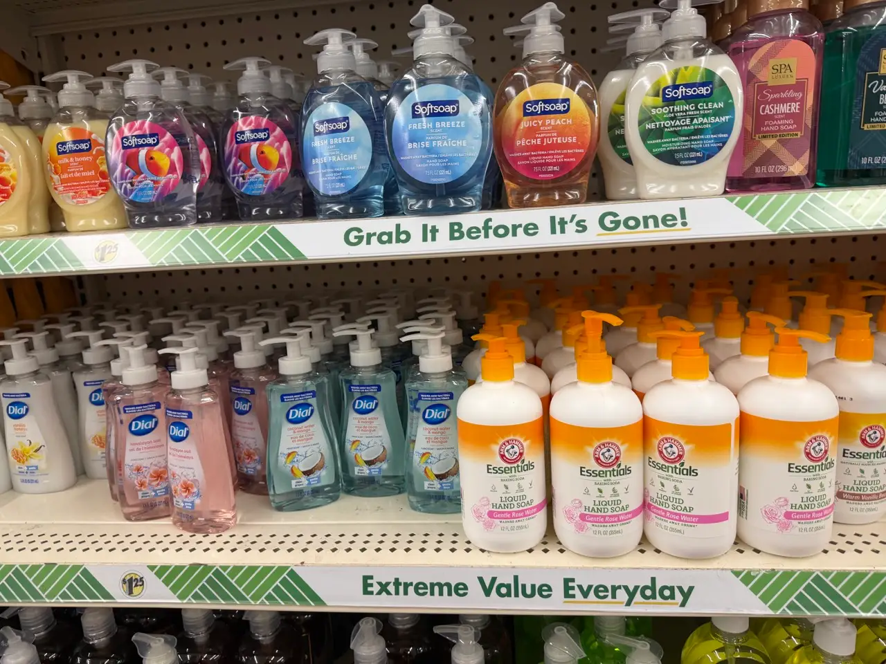 Hand soaps in aisle at Dollar Tree