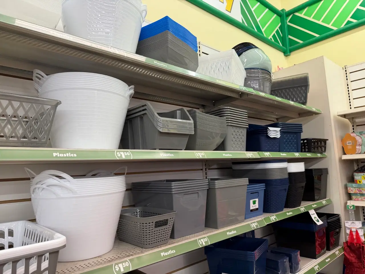Storage bins in aisle at Dollar Tree