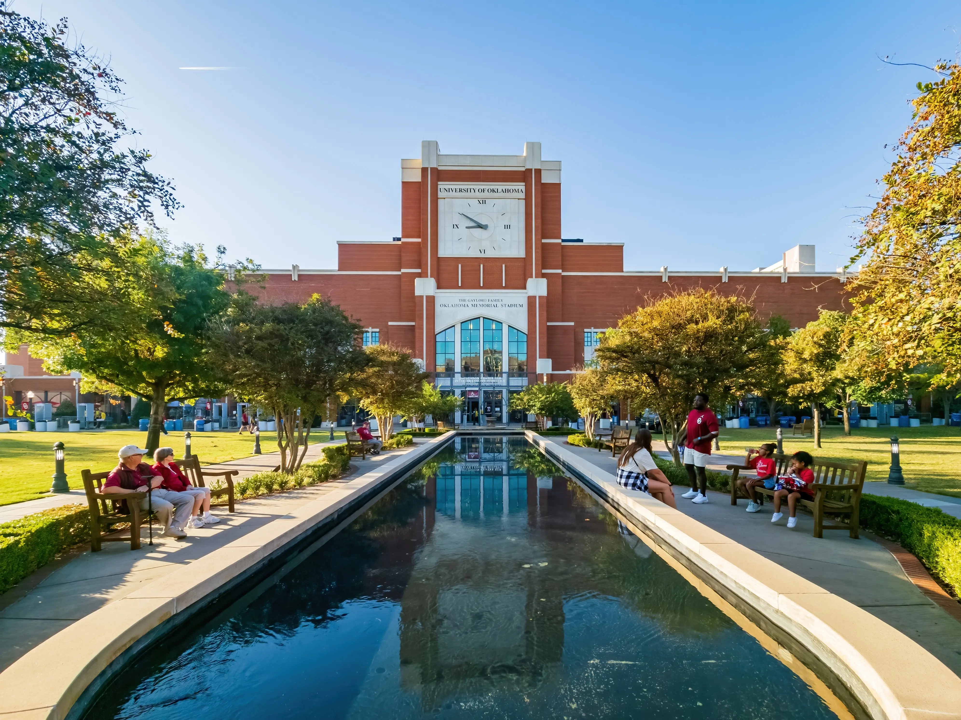 Sunny view of the Gaylord Family Oklahoma Memorial Stadium during Homecoming parade event at the University of Oklahoma