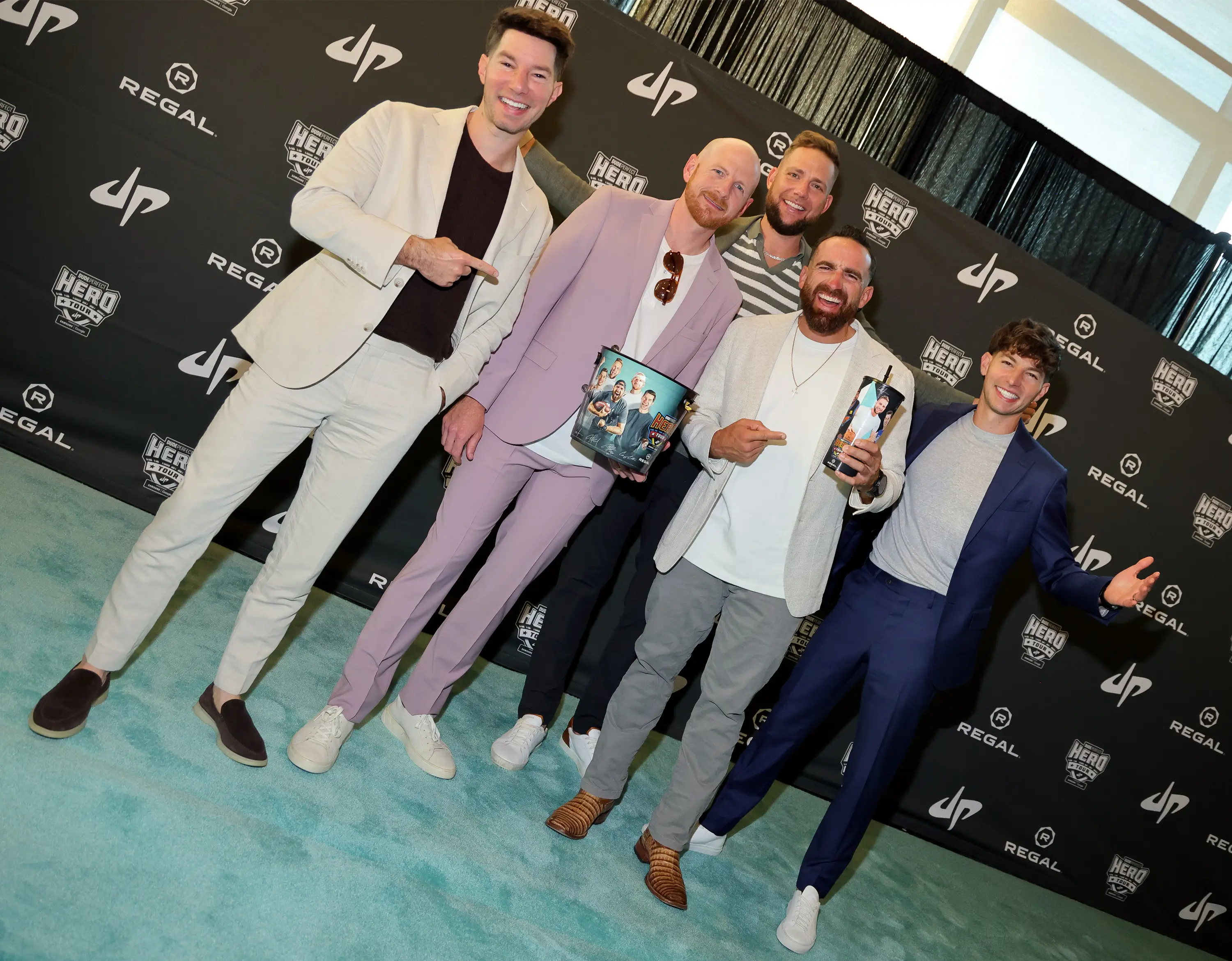 SHERMAN OAKS, CALIFORNIA - SEPTEMBER 16: (L-R) Cory Cotton, Garrett Hilbert, Cody Jones, Tyler Toney, and Coby Cotton attend the world premiere of 