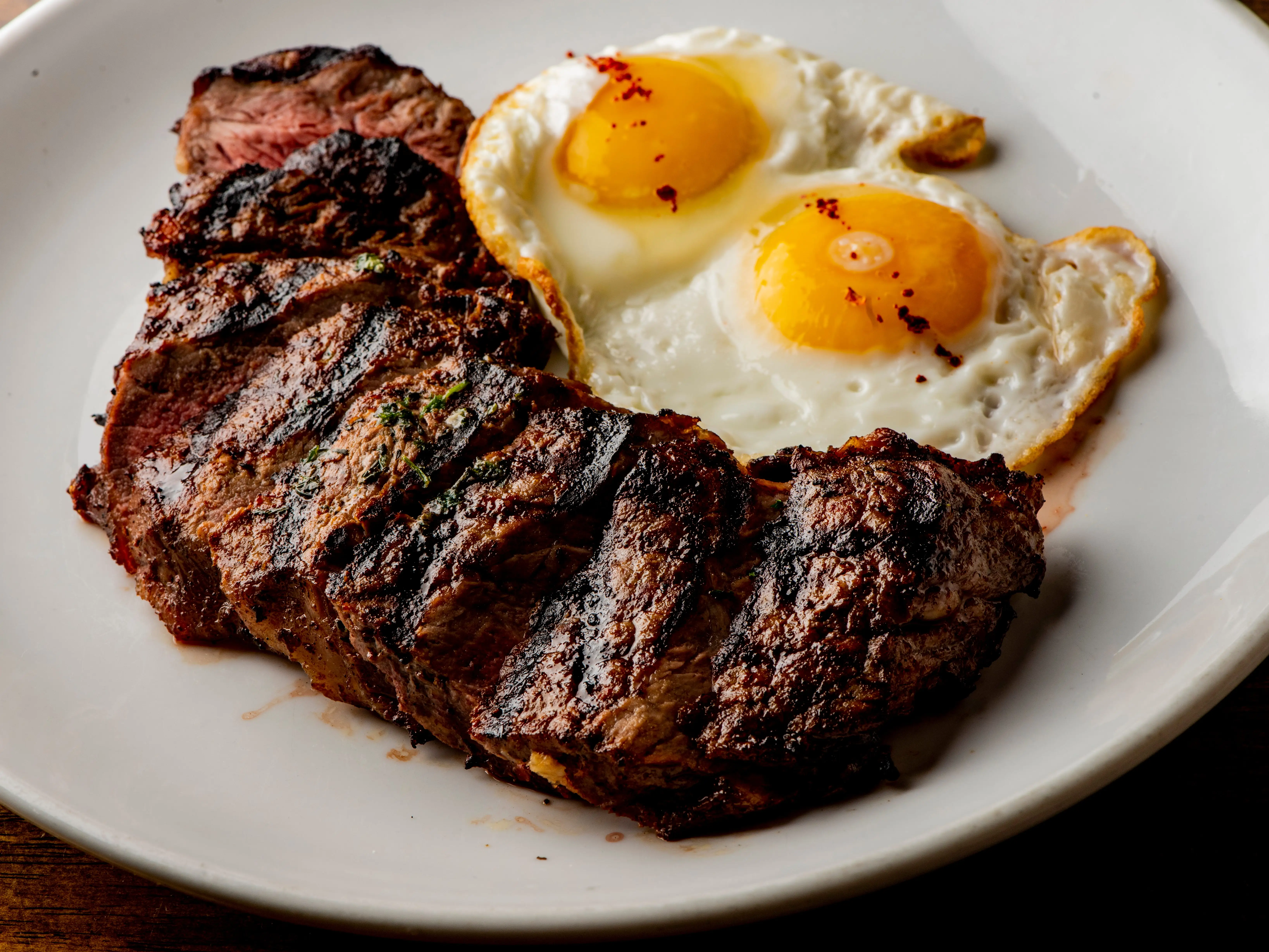 Steak and eggs on a plate
