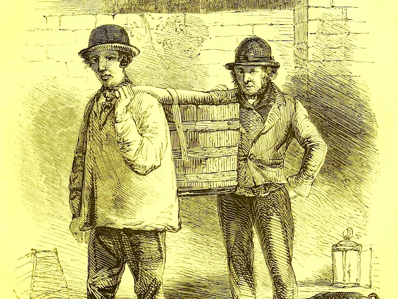 A drawing of two workers holding a basket.