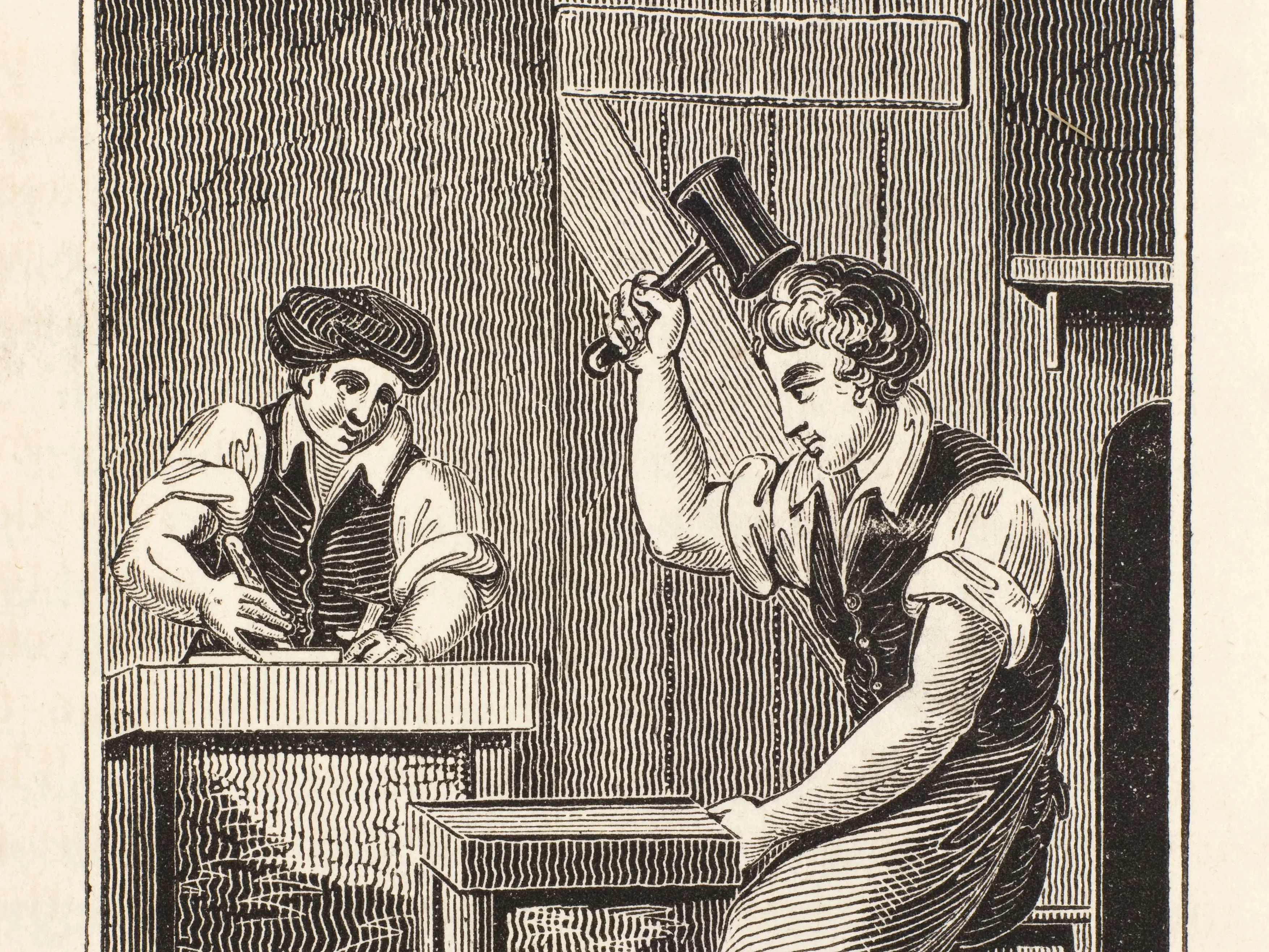 Drawing of two men, one with a hammer in his hand.
