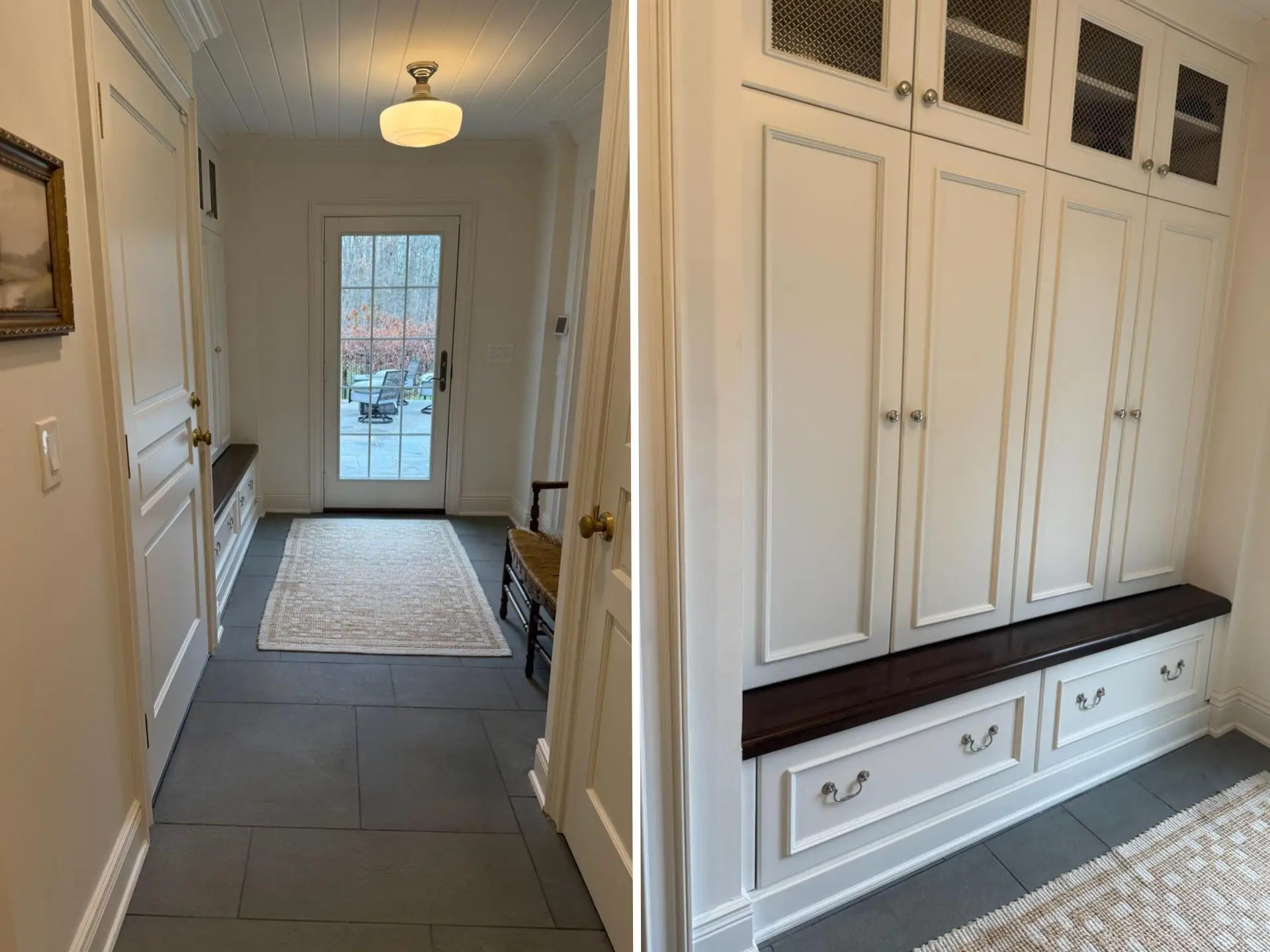 A side-by-side of a hallway with a French door leading to a backyard and locker-style shelving with a bench.