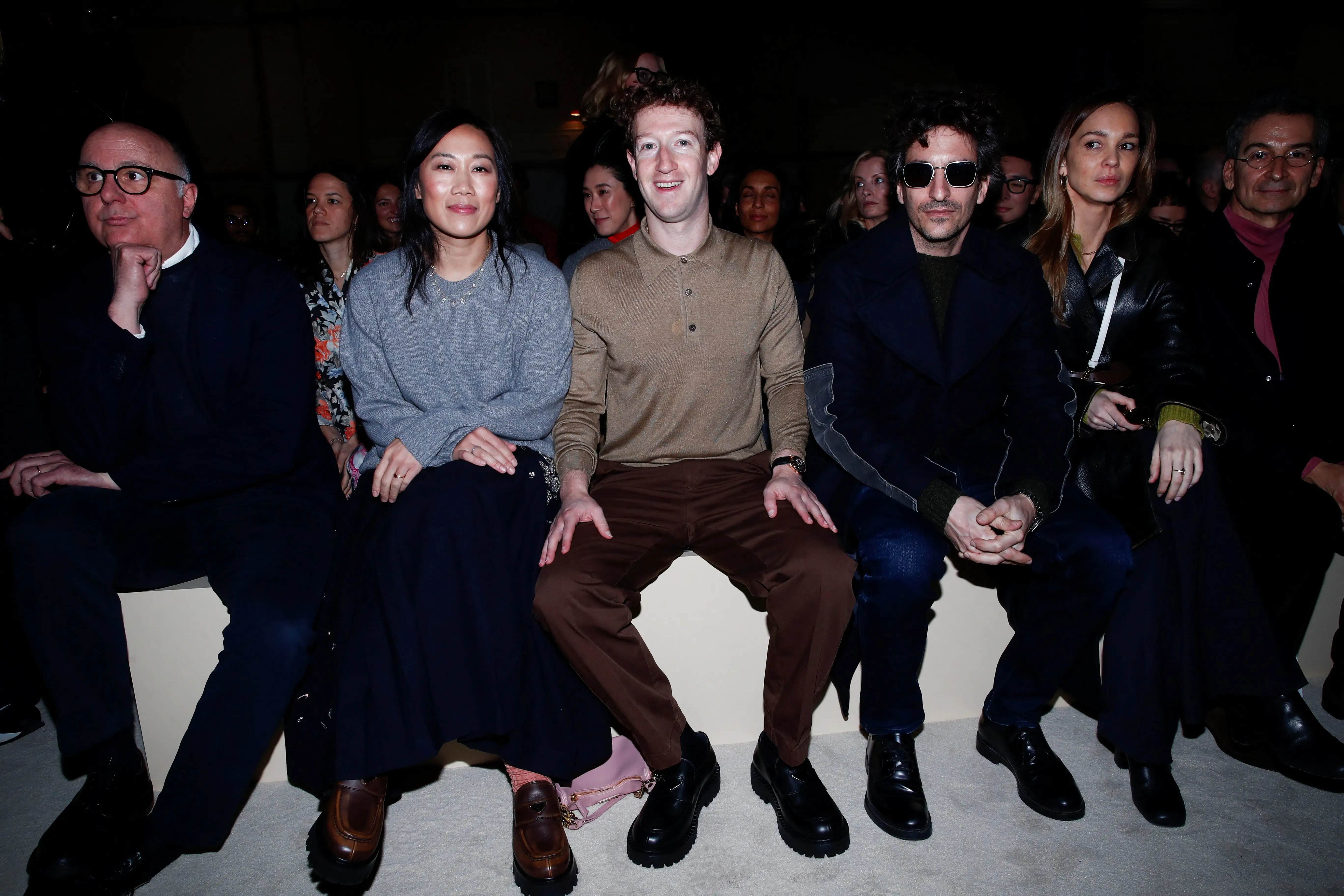 Priscilla Chan and Mark Zuckerberg at a 2026 Prada runway show in Milan.