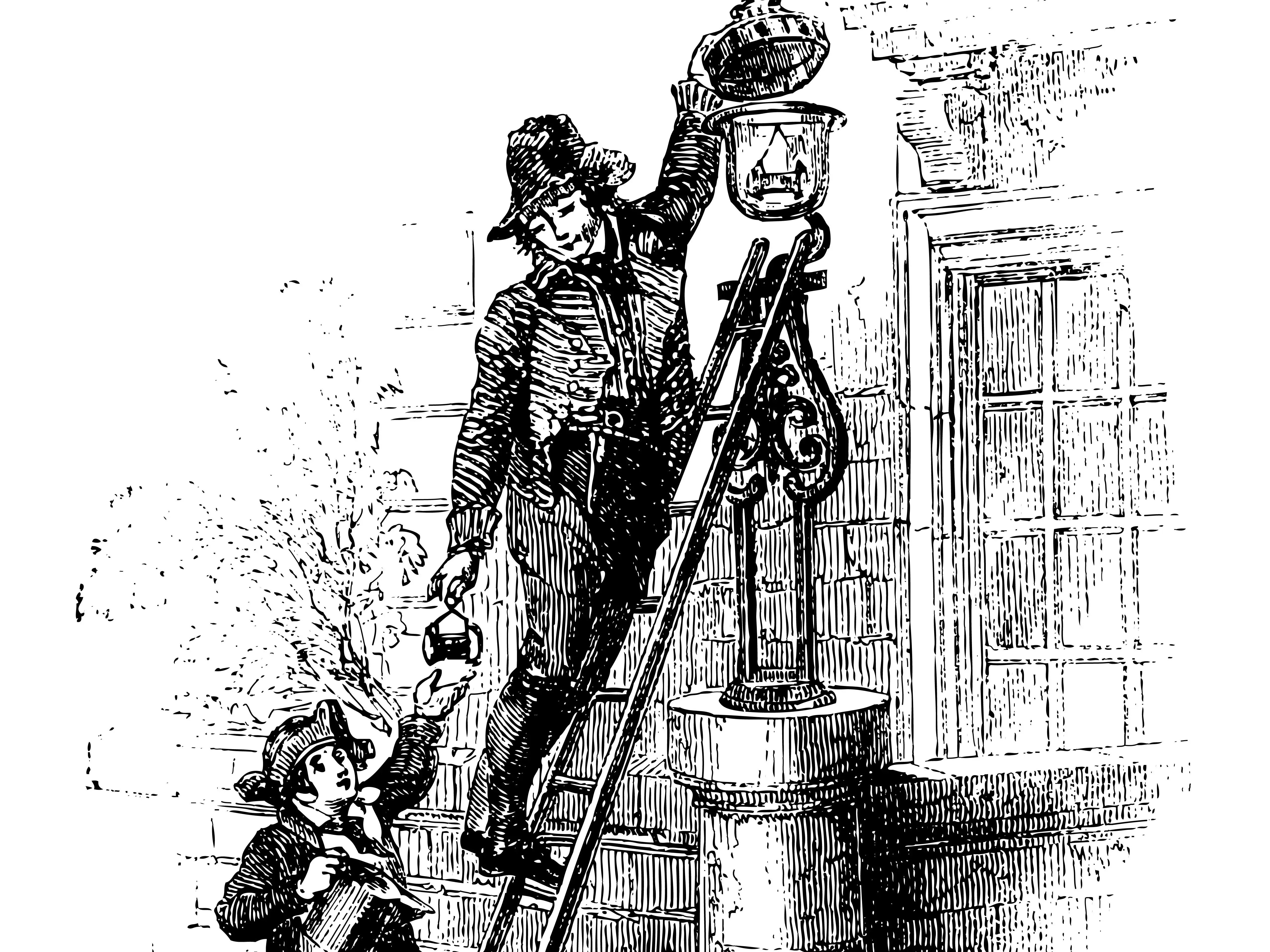 A lamplighter lighting a street lamp.
