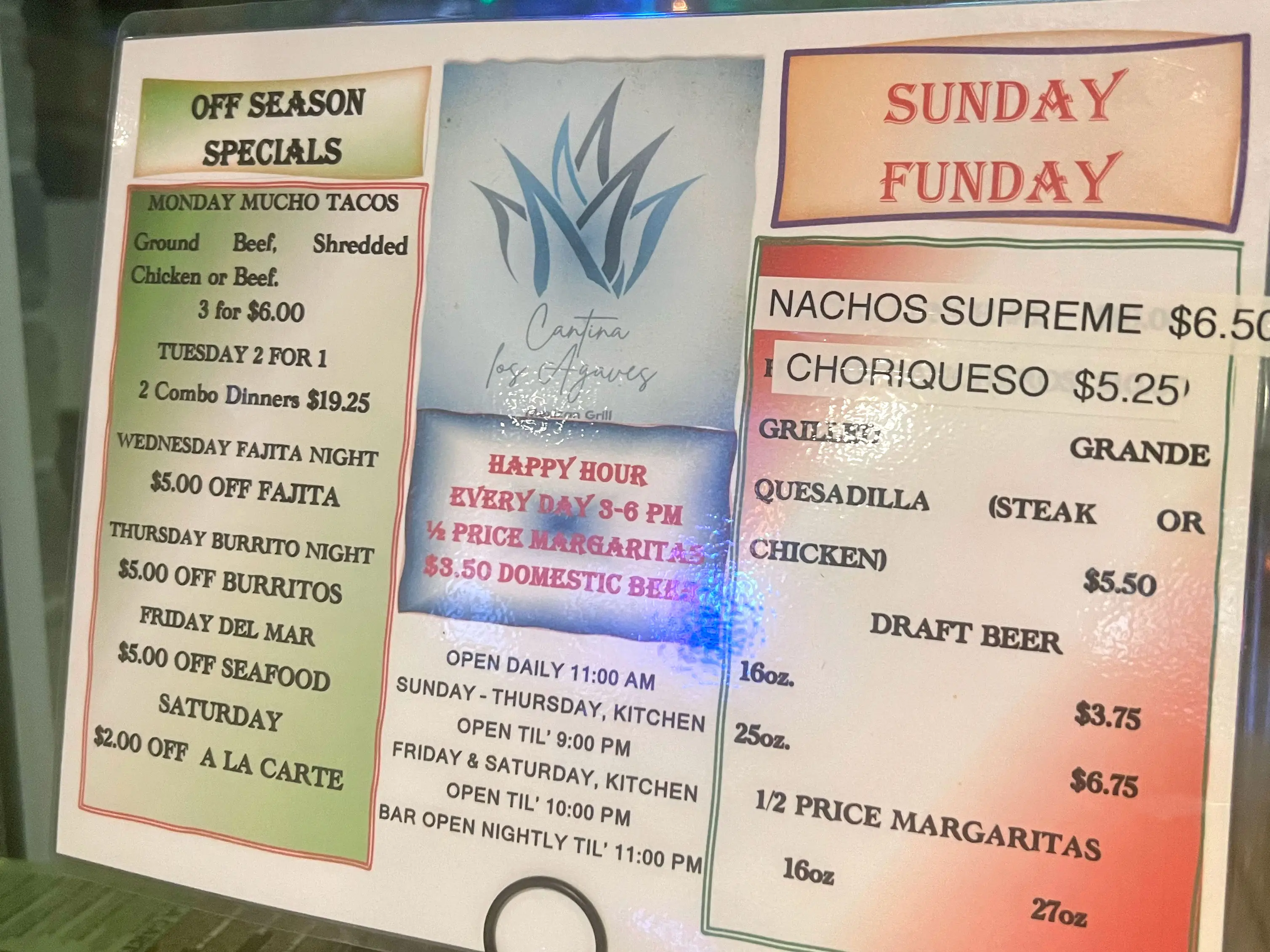The menu for a Mexican restaurant, which offers off-season specials.