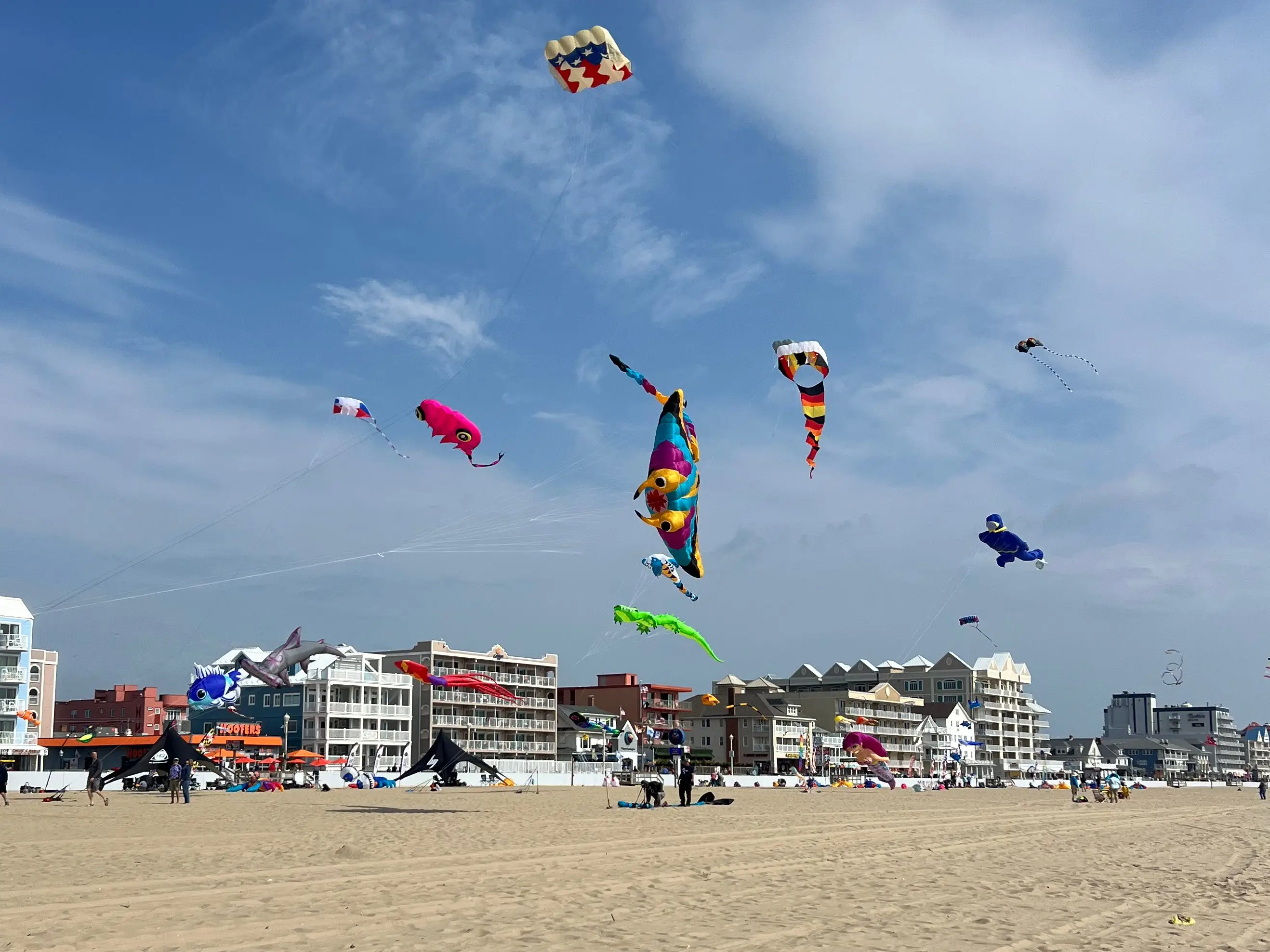 Colorful kites in the air at the beach.