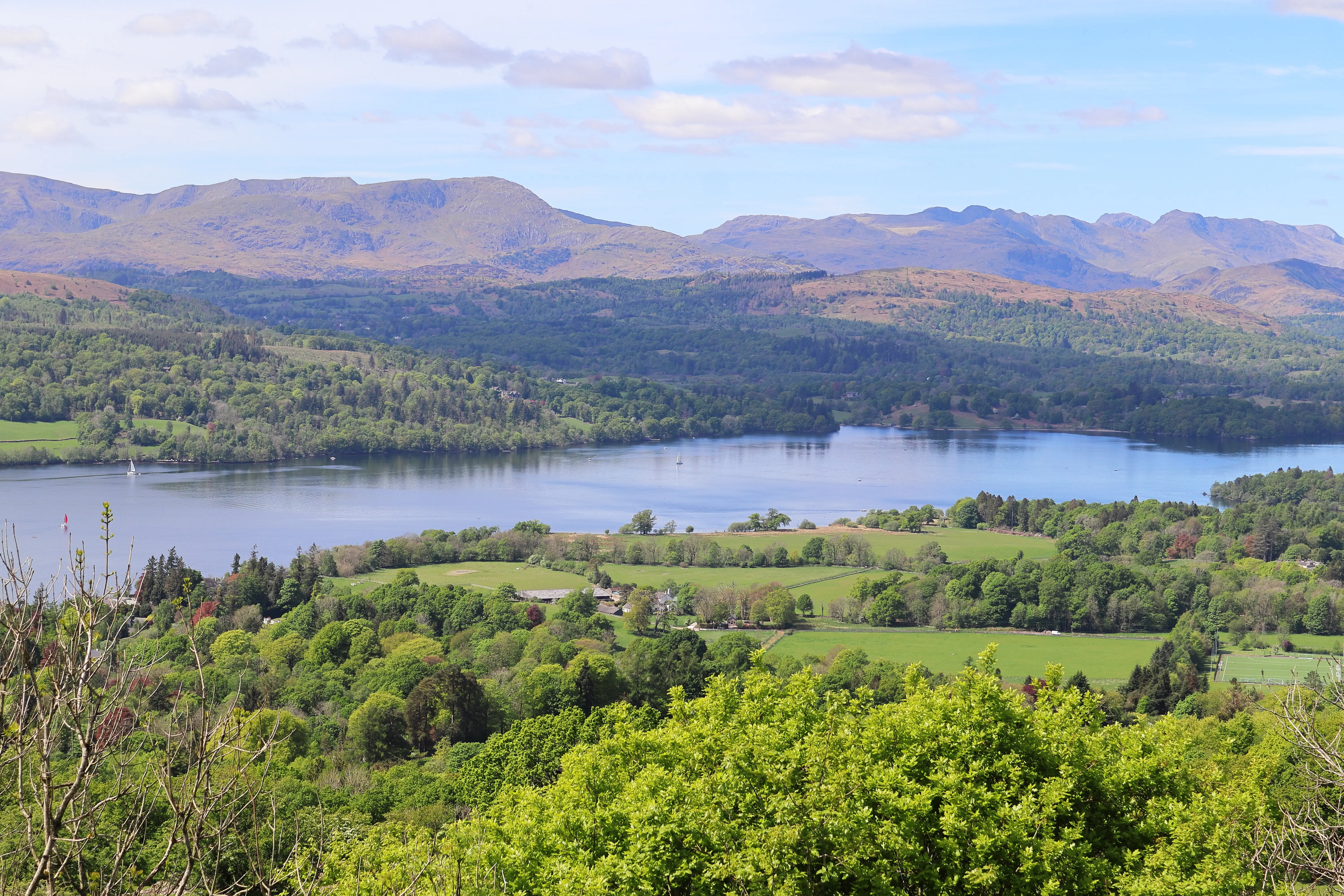 Scenic view of Lake Windermere and the surrounding hills in the Lake District, England,