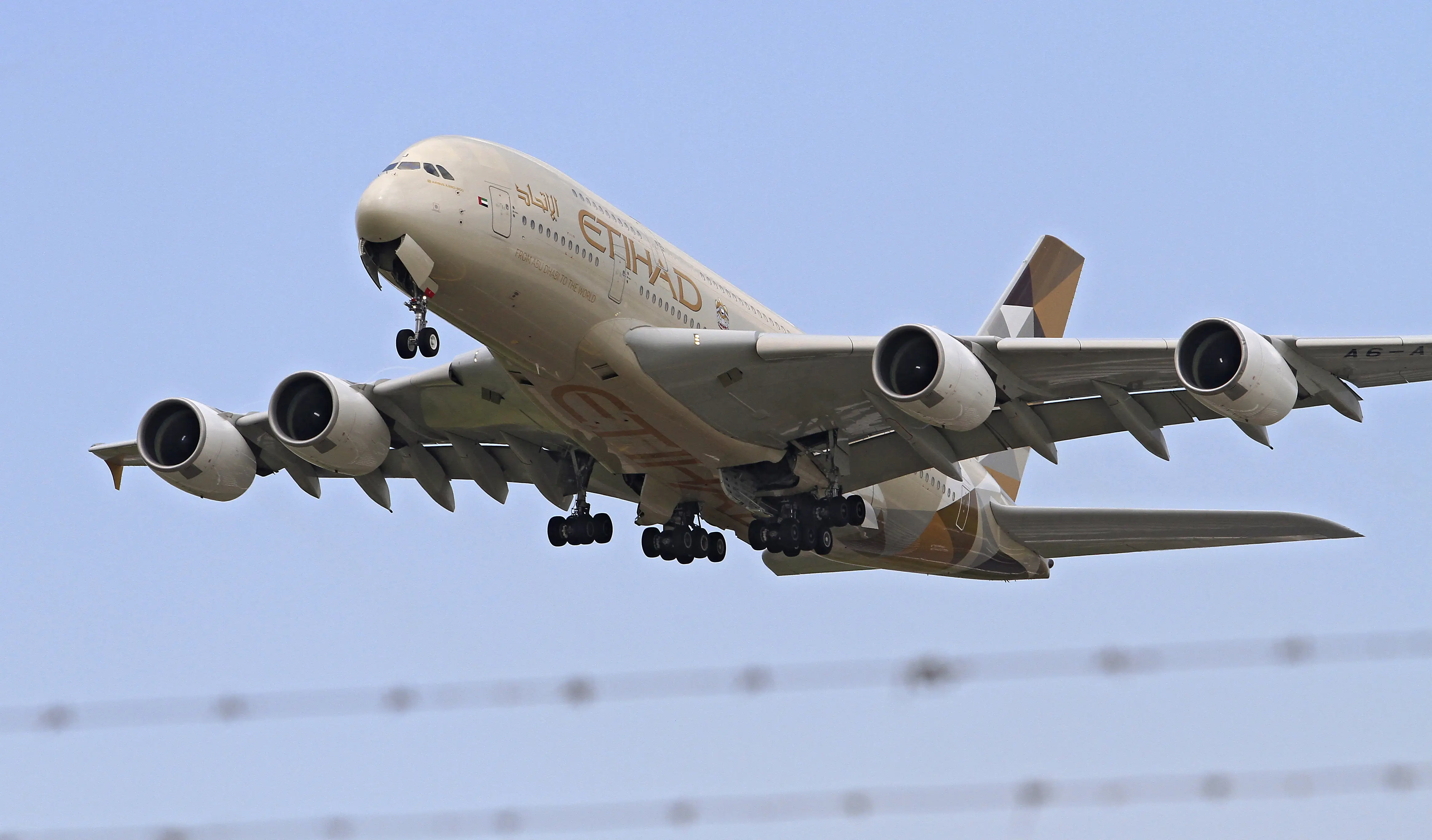 An Etihad Airways Airbus A380-800 departs Toronto Pearson International Airport for the United Arab Emirates in Mississauga, Ontario, on June 25, 2025.
